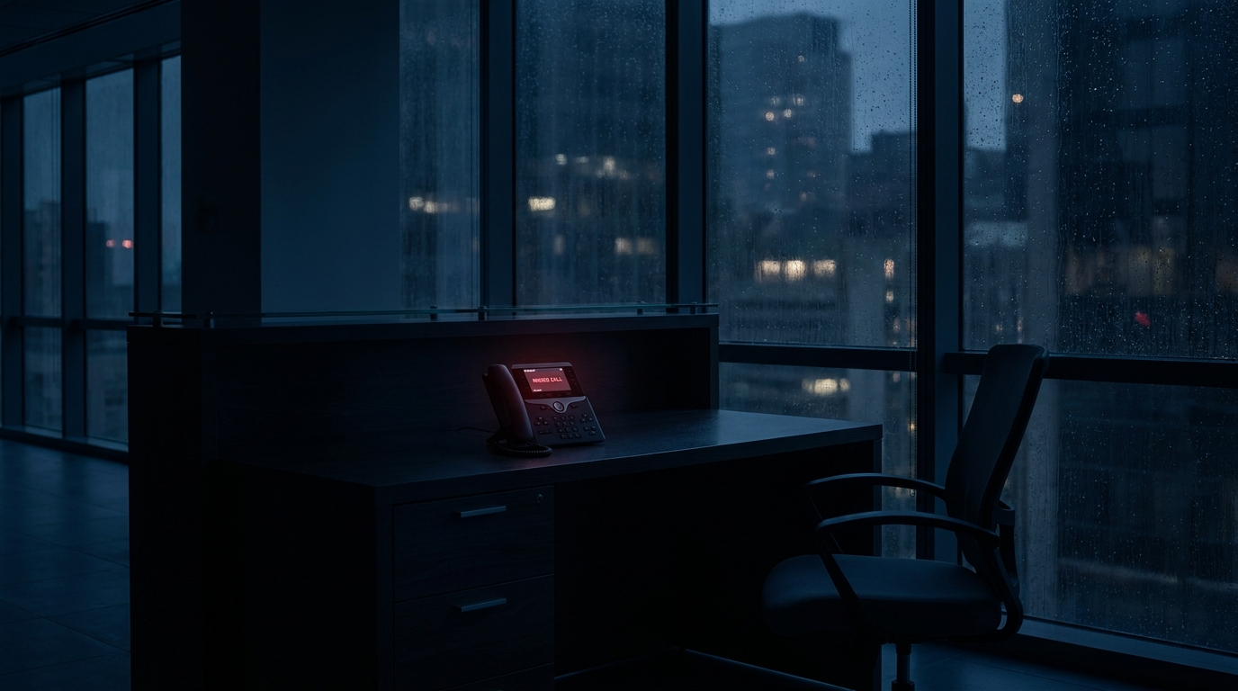 An empty office reception desk at night with a phone ringing and nobody there to answer it