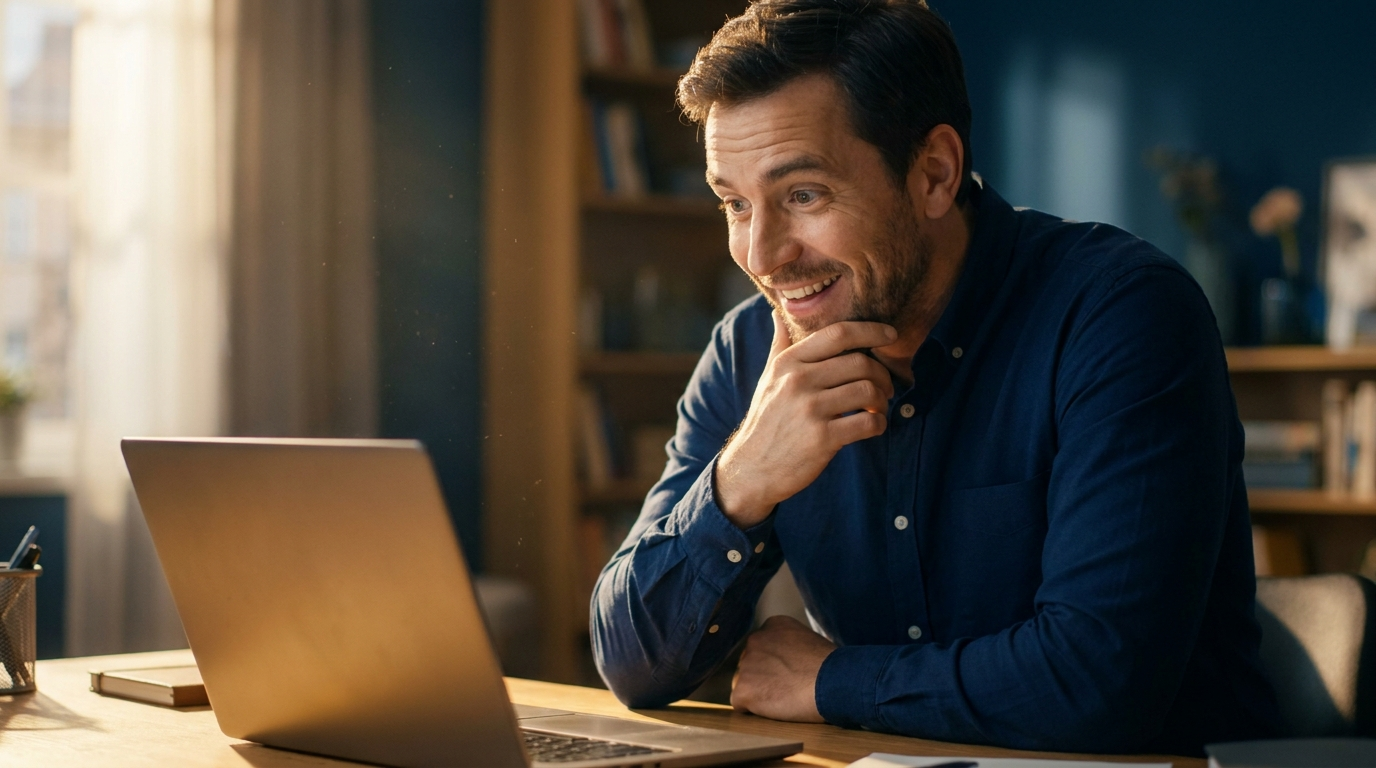 A business owner on a video call leaning in, impressed, hearing his custom AI receptionist for the first time