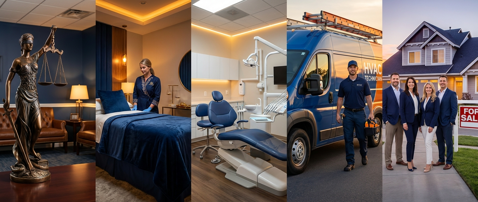 Five service businesses Chloe answers for: a law office, a med spa, a dental practice, an HVAC team, and a real estate team