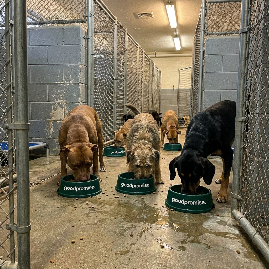Shelter dogs eating from goodpromise green bowls