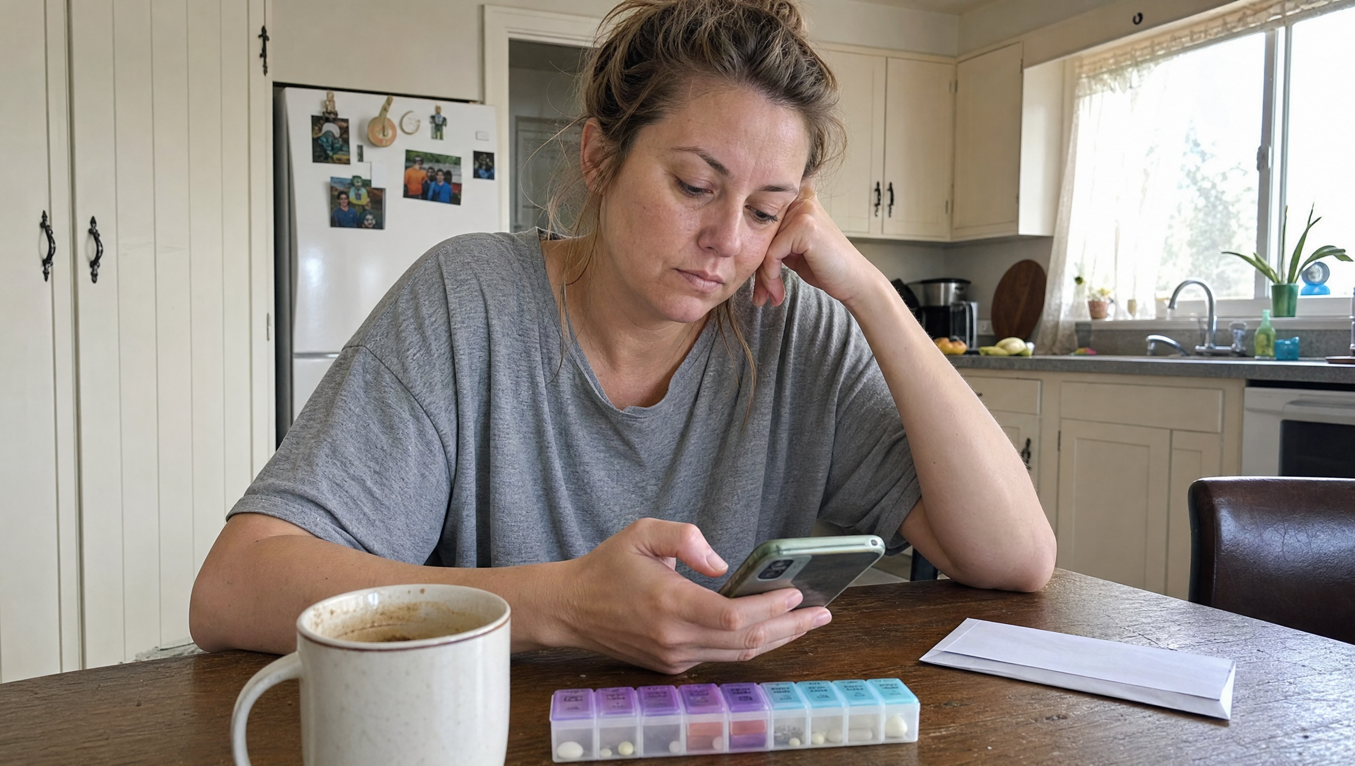 A tired woman resting her head on her hand at her kitchen table in the morning, looking at a health app on her phone, a weekly pill organizer and coffee in front of her