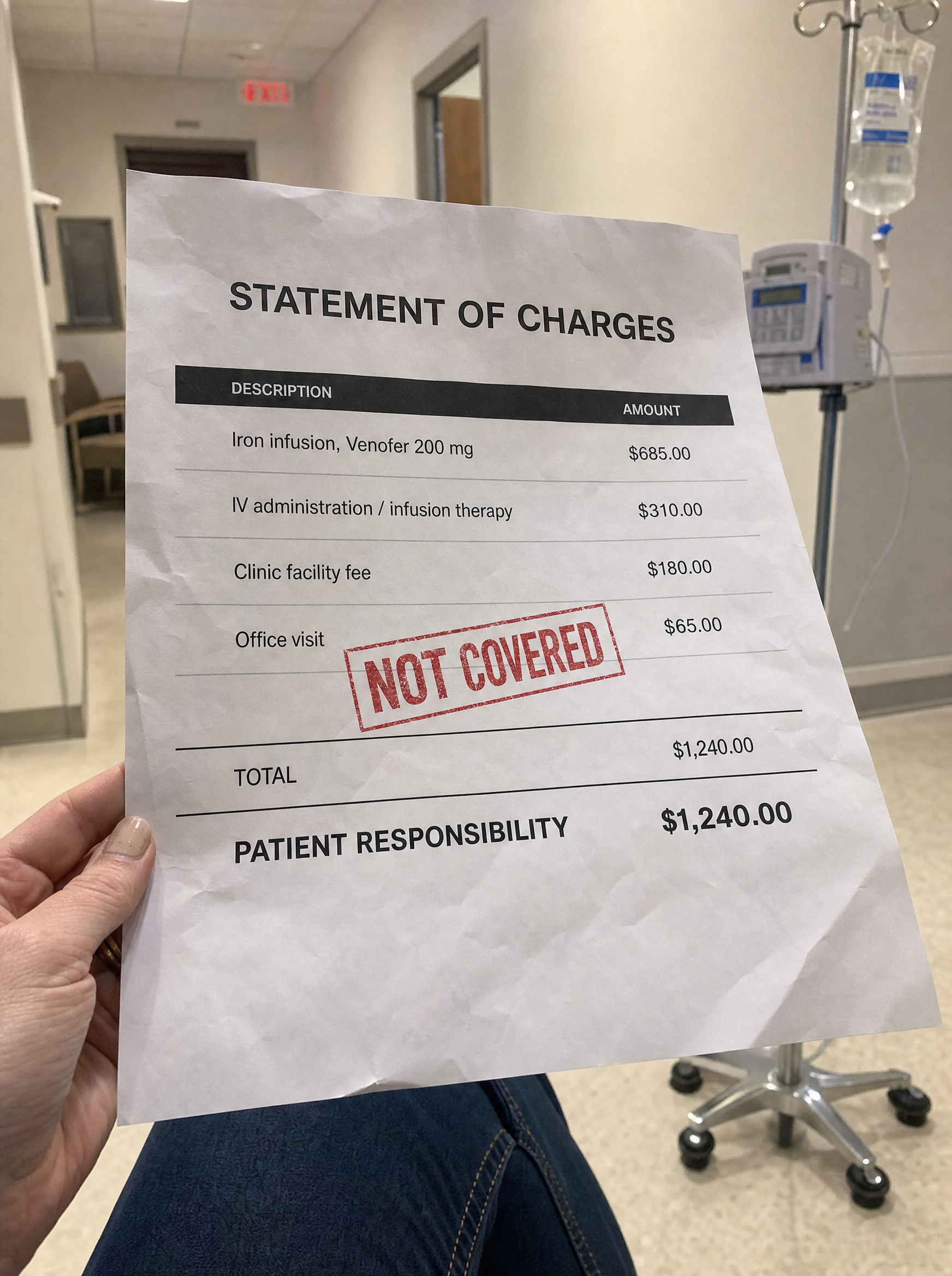 An itemized clinic bill for an iron infusion: Venofer 200mg $685, IV administration $310, clinic facility fee $180, office visit $65, patient responsibility $1,240.00, stamped NOT COVERED, held in a clinic hallway with an IV stand behind it