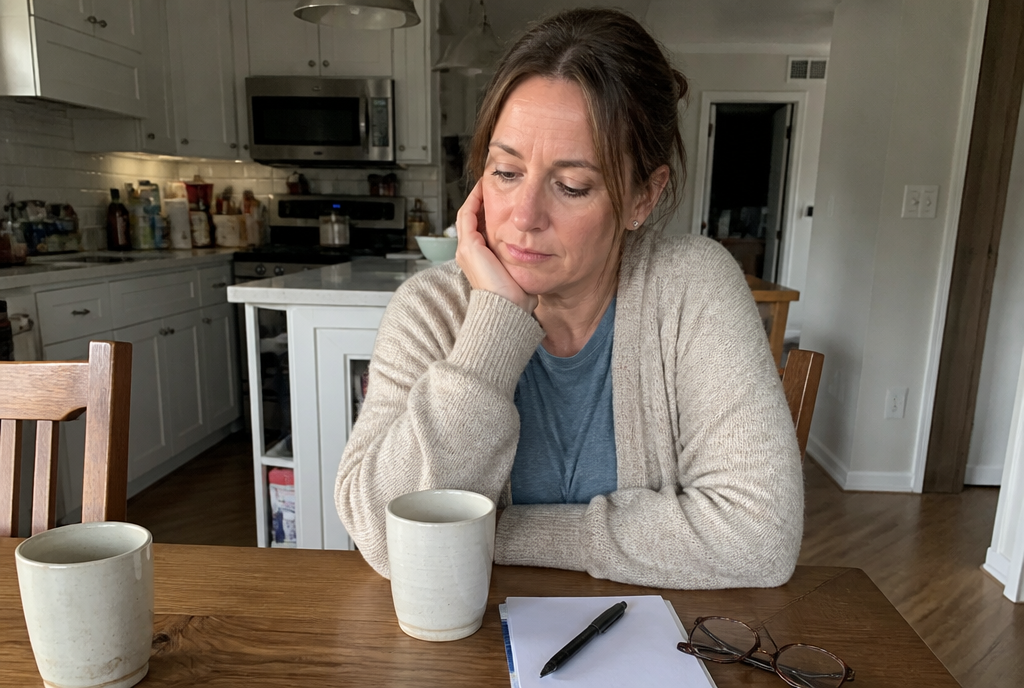 A tired woman in her late forties at her kitchen table, mid-afternoon, second coffee beside the first