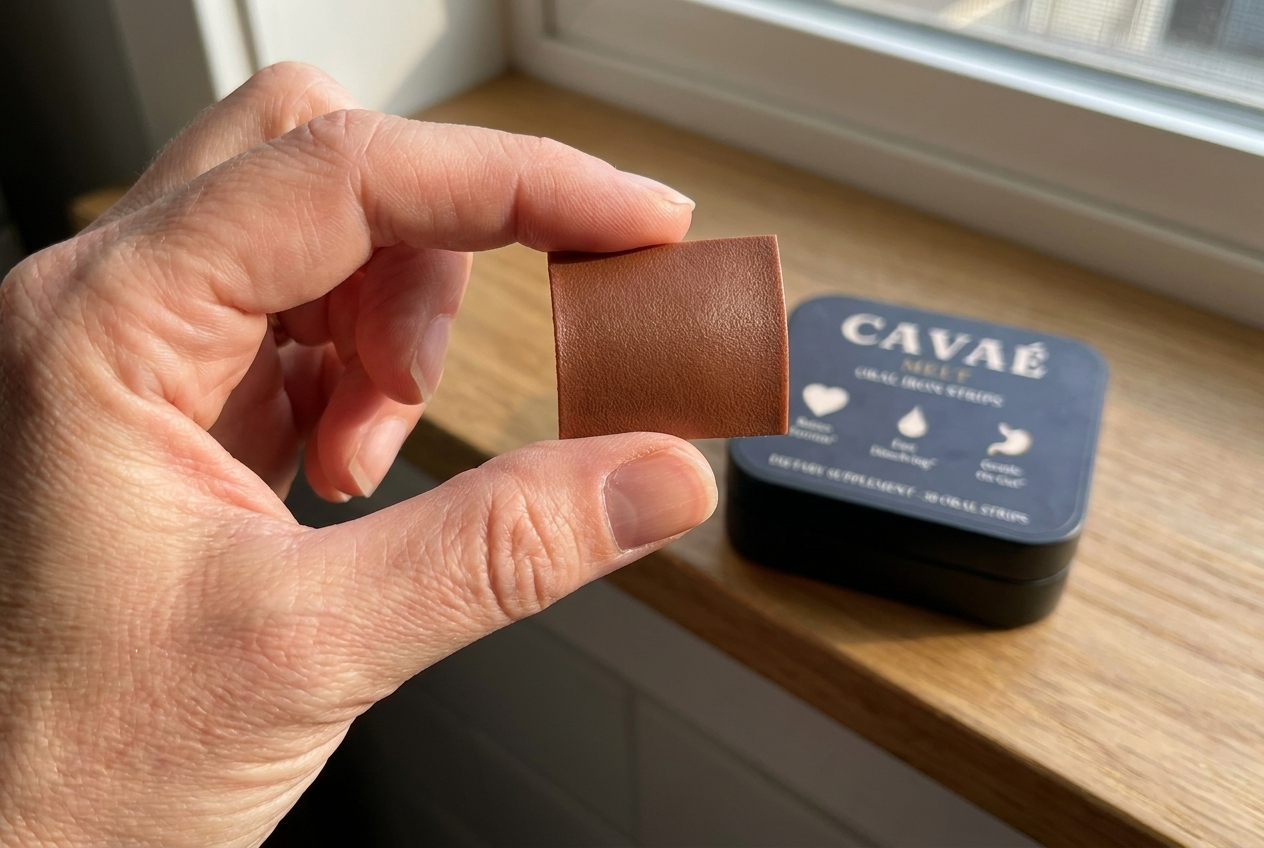One small CAVAÉ strip held at a fingertip, the closed tin behind