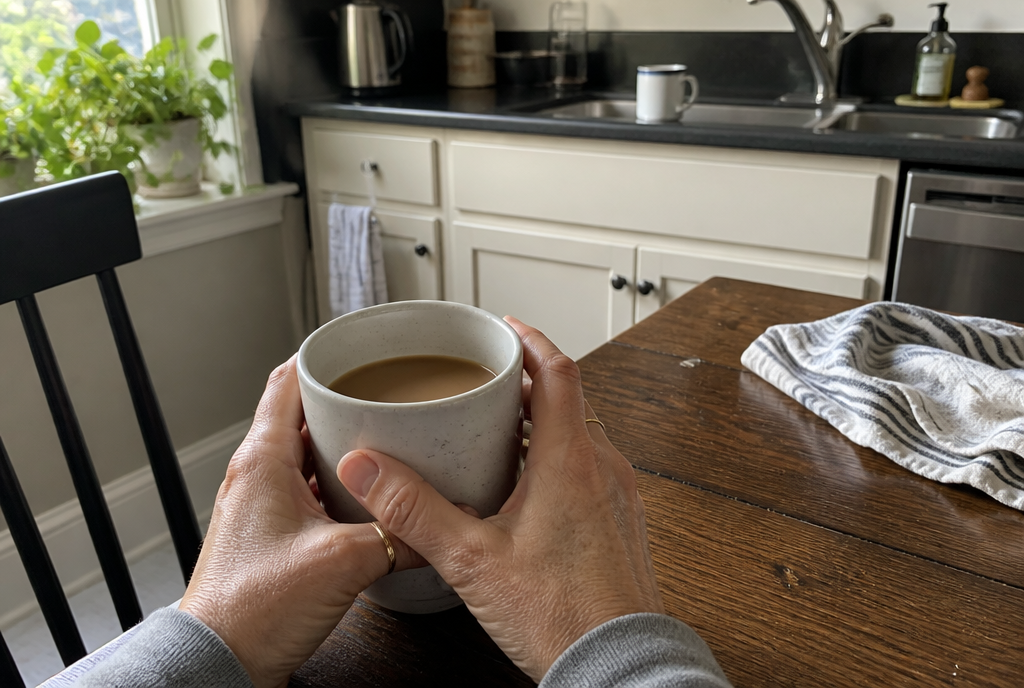 A woman's hands around a coffee mug at a kitchen table, morning light