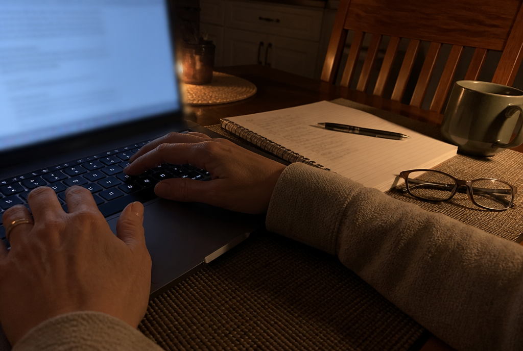A laptop and notebook on a kitchen table at night
