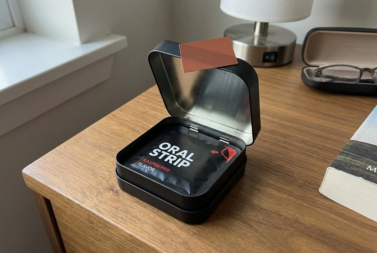 The open CAVAÉ tin on a nightstand in morning light, one strip resting on the lid