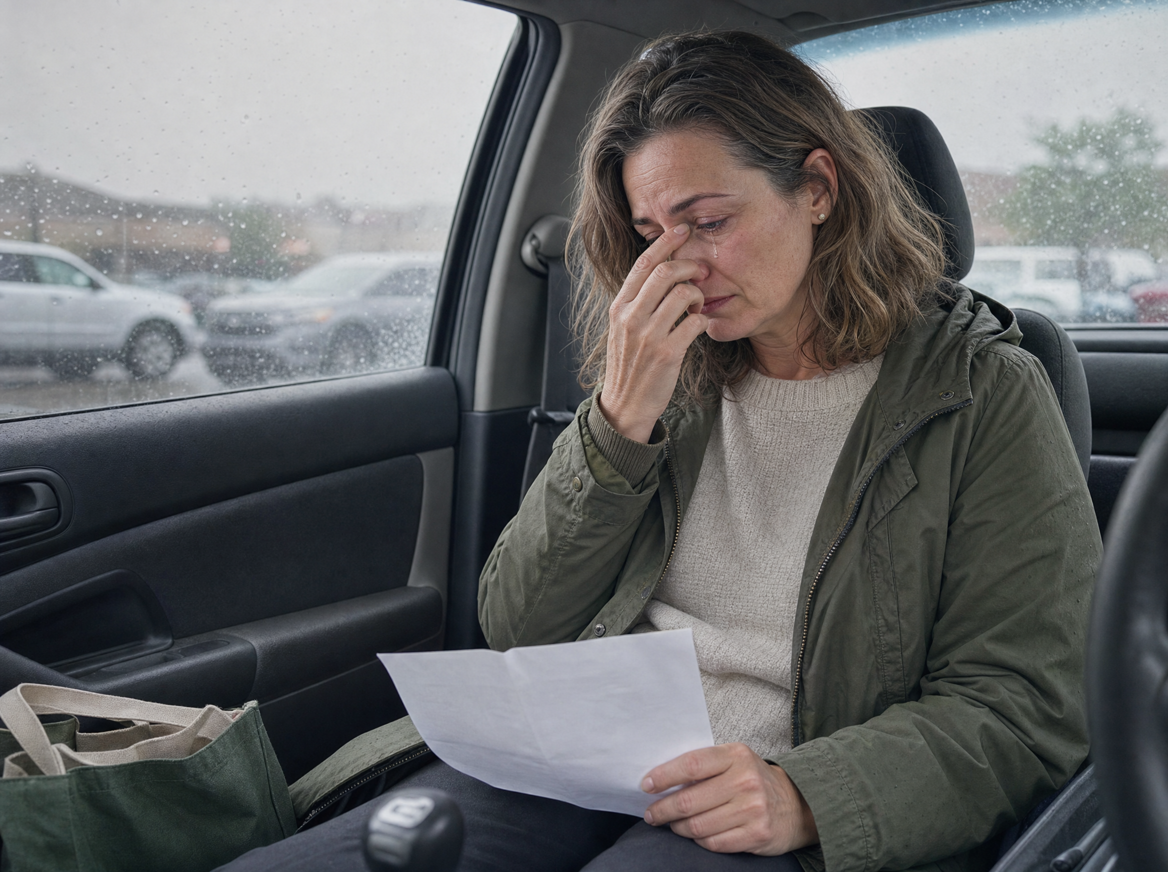 AI photo illustration of fictional composite Claire sitting in a parked car after an appointment