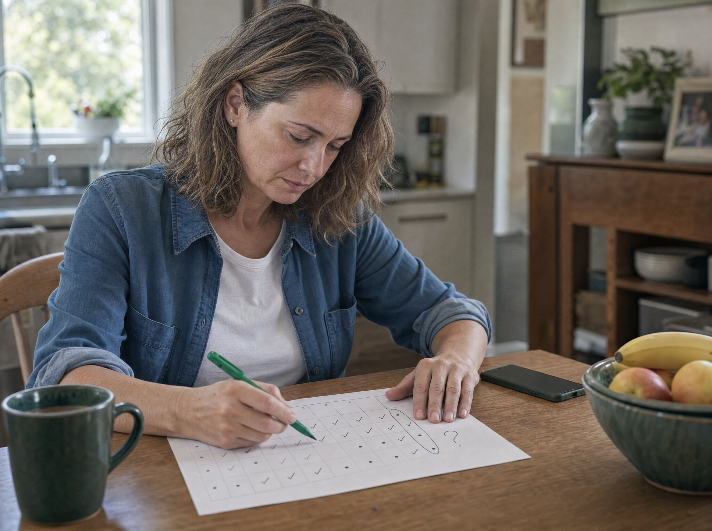 AI photo illustration of fictional composite Claire marking a simple daily habit calendar