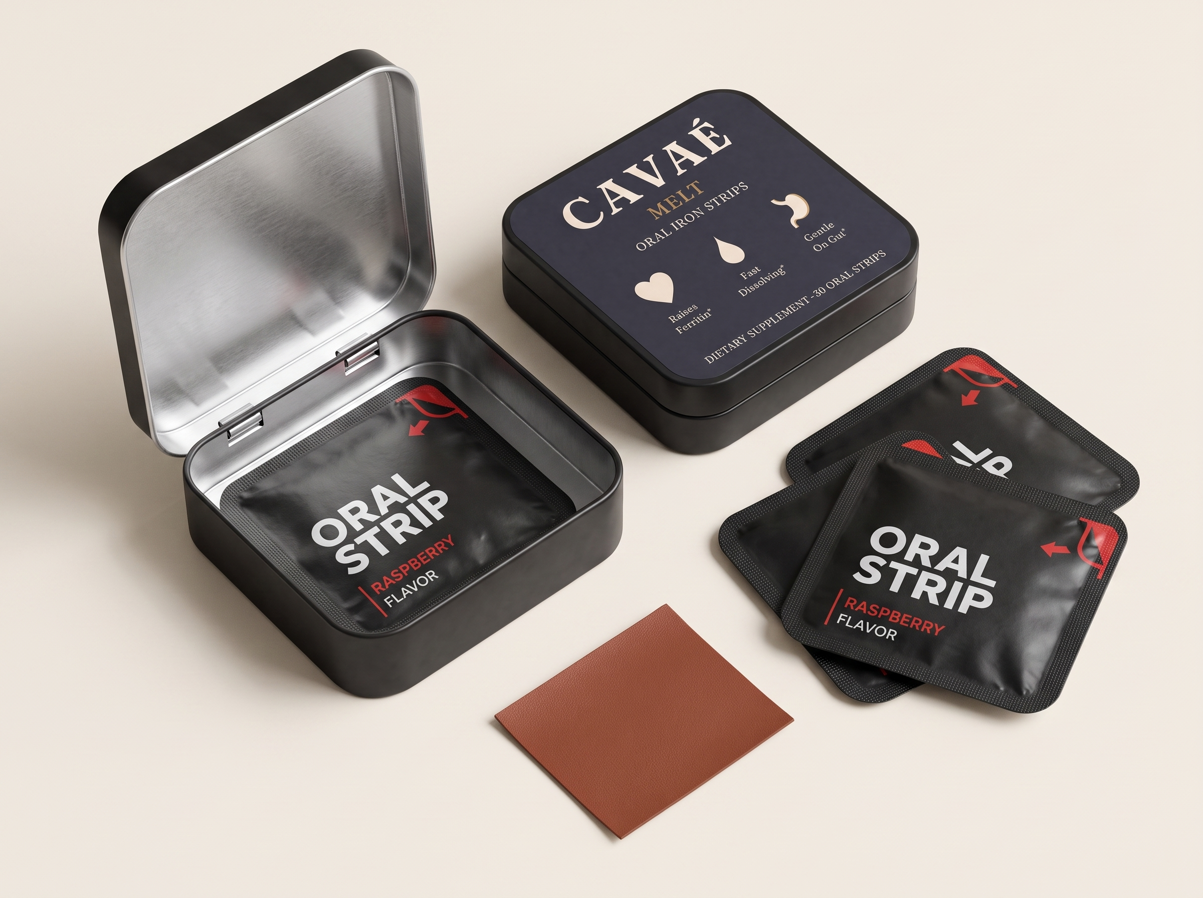 AI-generated CAVAÉ Melt tin, sachet, and strip packout