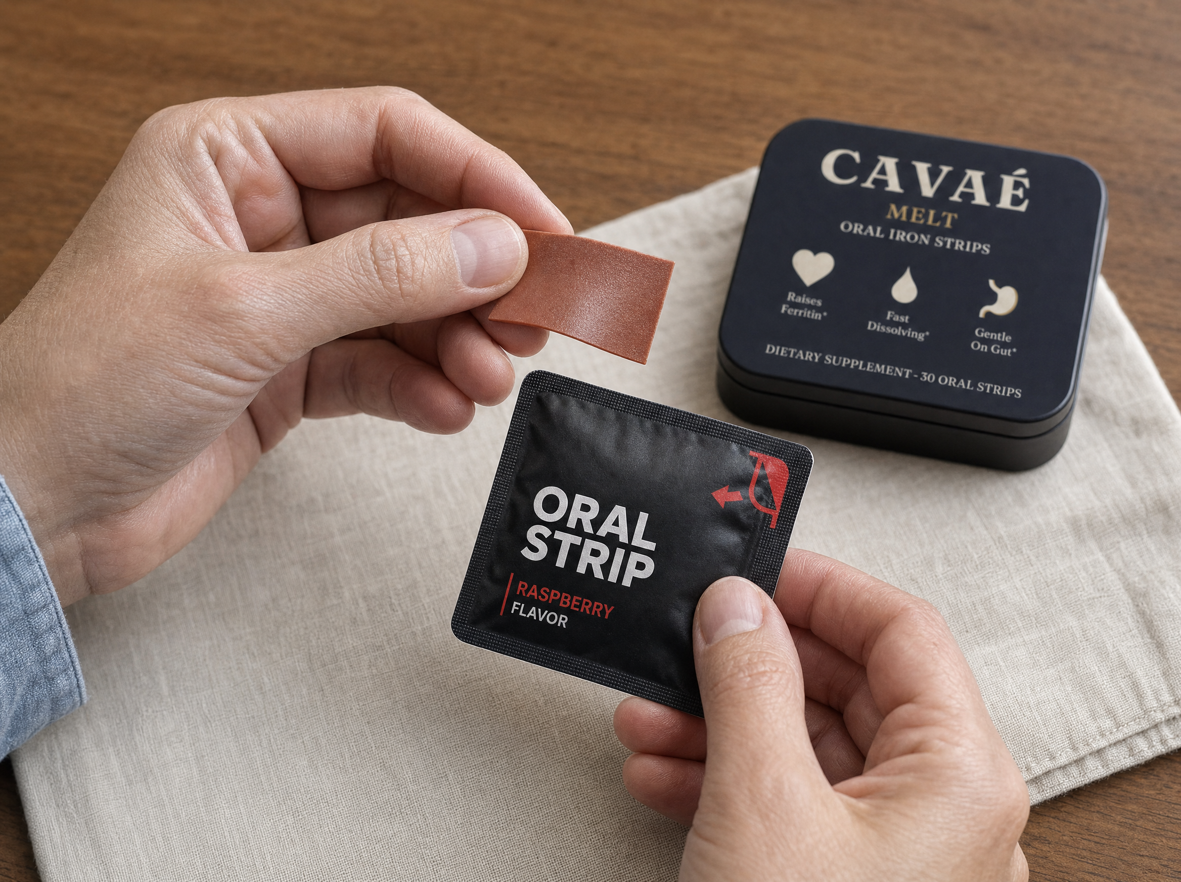 AI-generated macro view of a CAVAÉ Melt oral strip, sachet, and tin