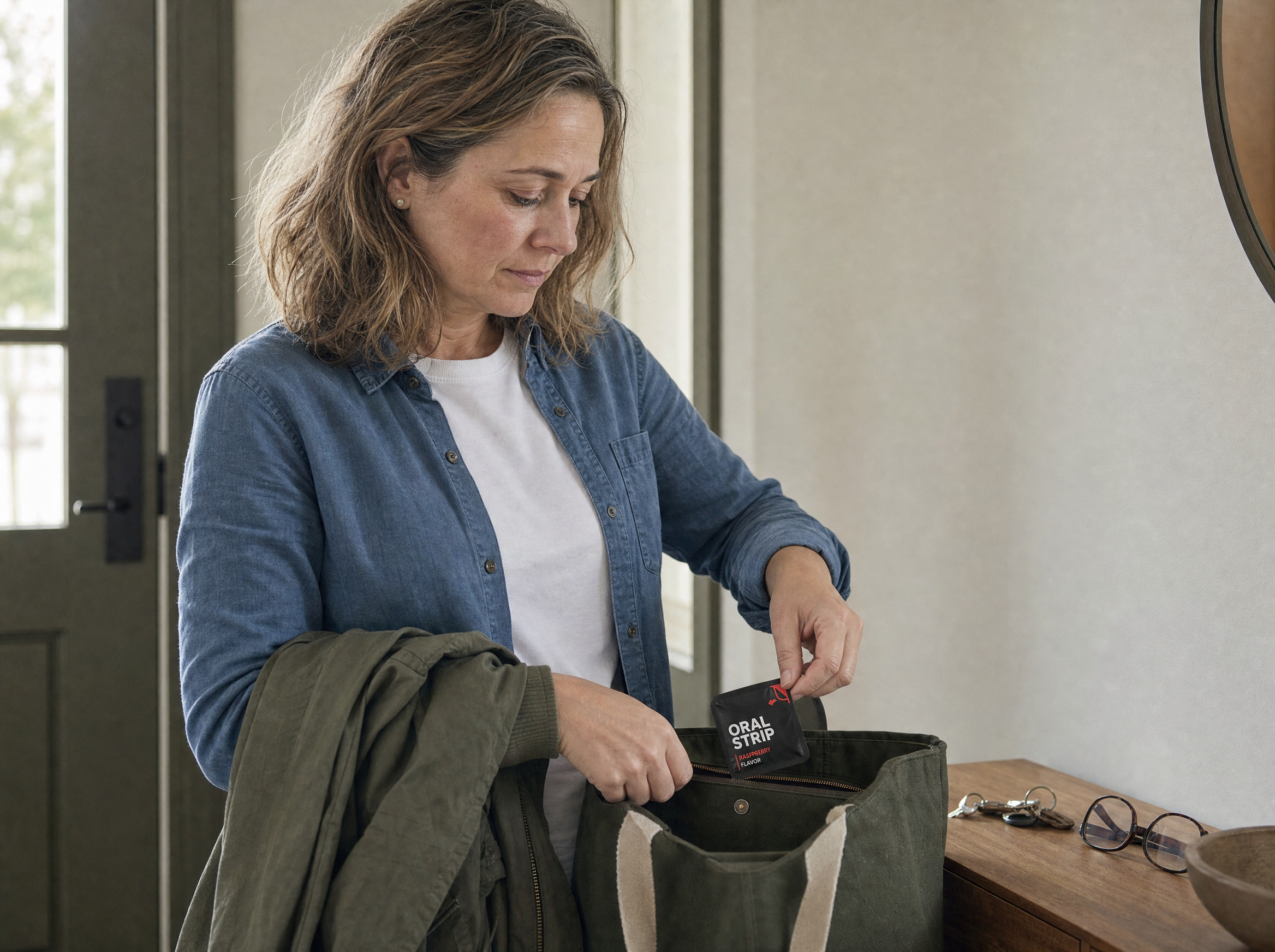 AI photo illustration of fictional composite Claire placing a CAVAÉ Melt sachet in her bag