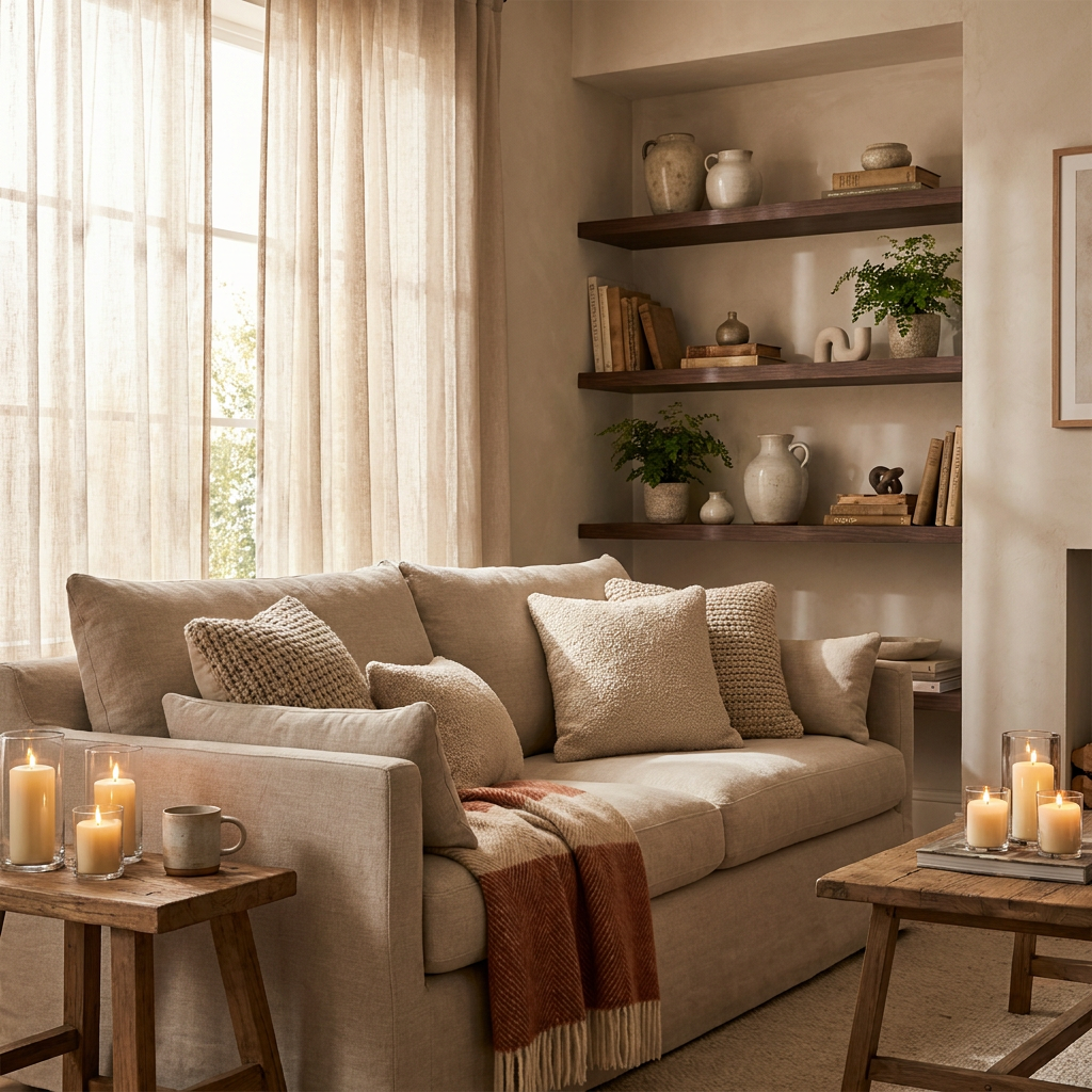 About Aurem Home — warm styled living room with curated shelves and ambient lighting