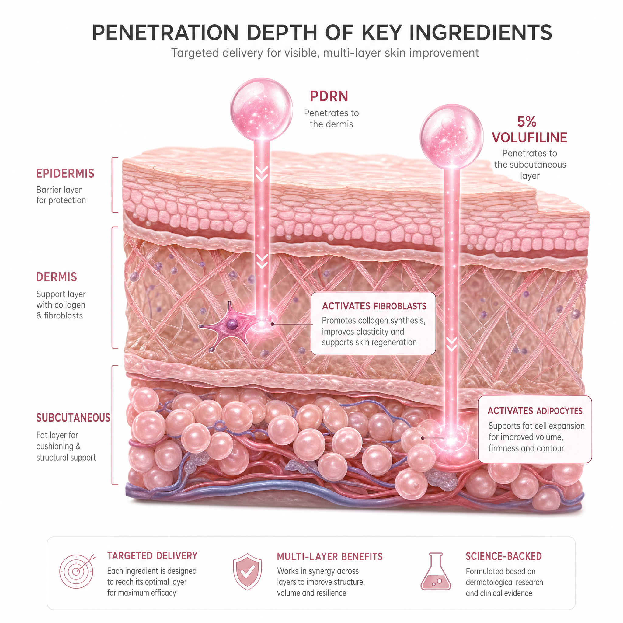 PDRN and Volufiline penetration diagram through skin layers
