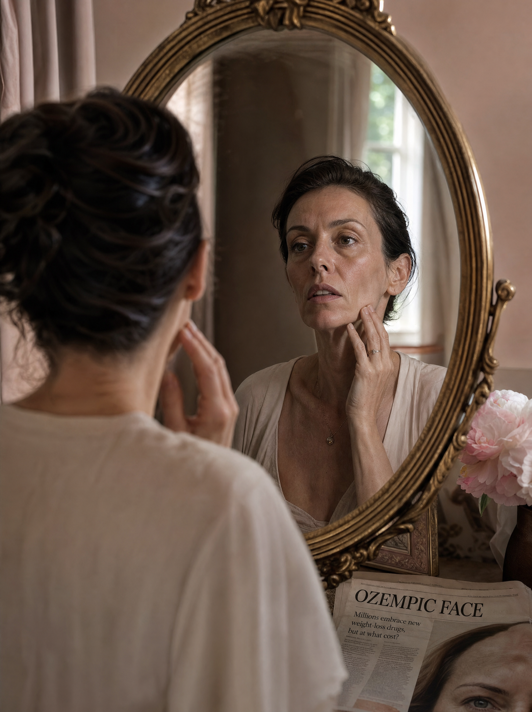 Woman experiencing Ozempic face in mirror