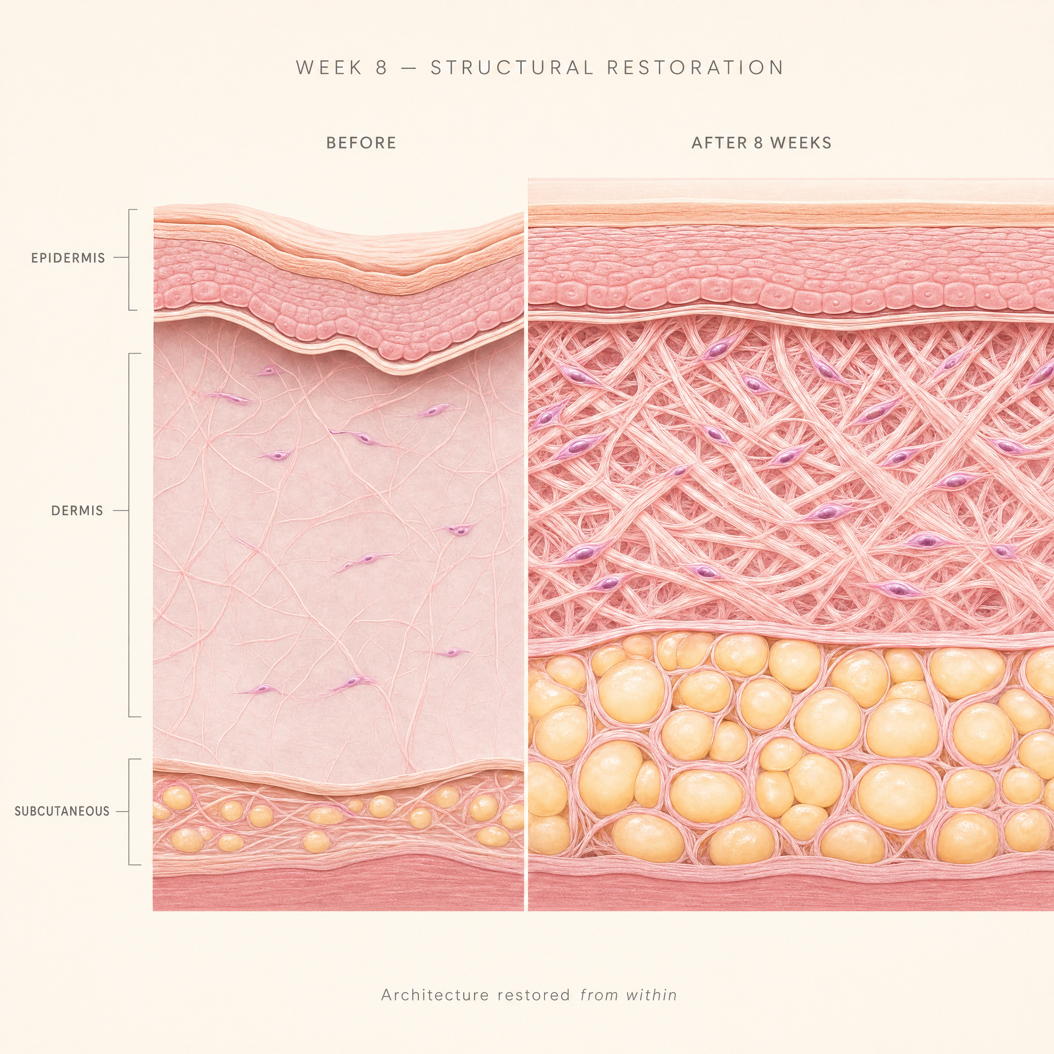 Week 8 — Full structural restoration of dermis and subcutaneous layer