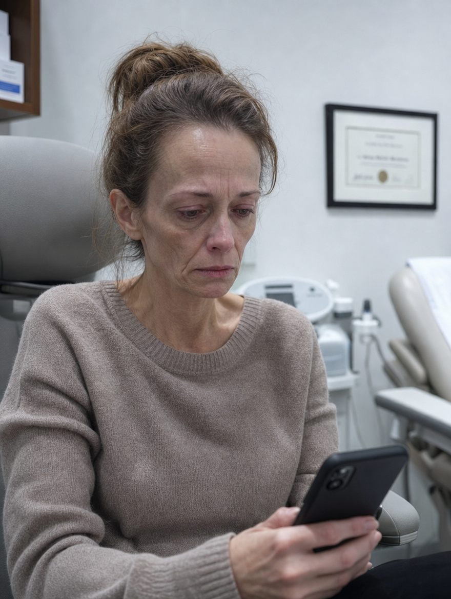 Rebecca in the clinic exam room, showing visible mid-face volume loss