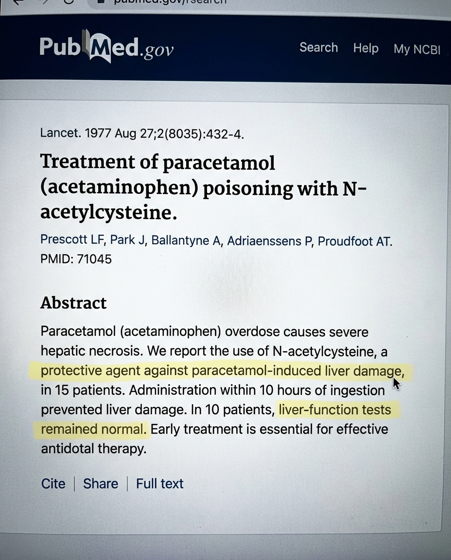 PubMed page showing the 1977 Prescott paper on N-acetylcysteine