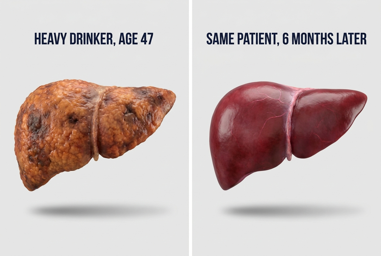 Two human livers side by side. Left: heavy drinker age 47. Right: same patient six months later.