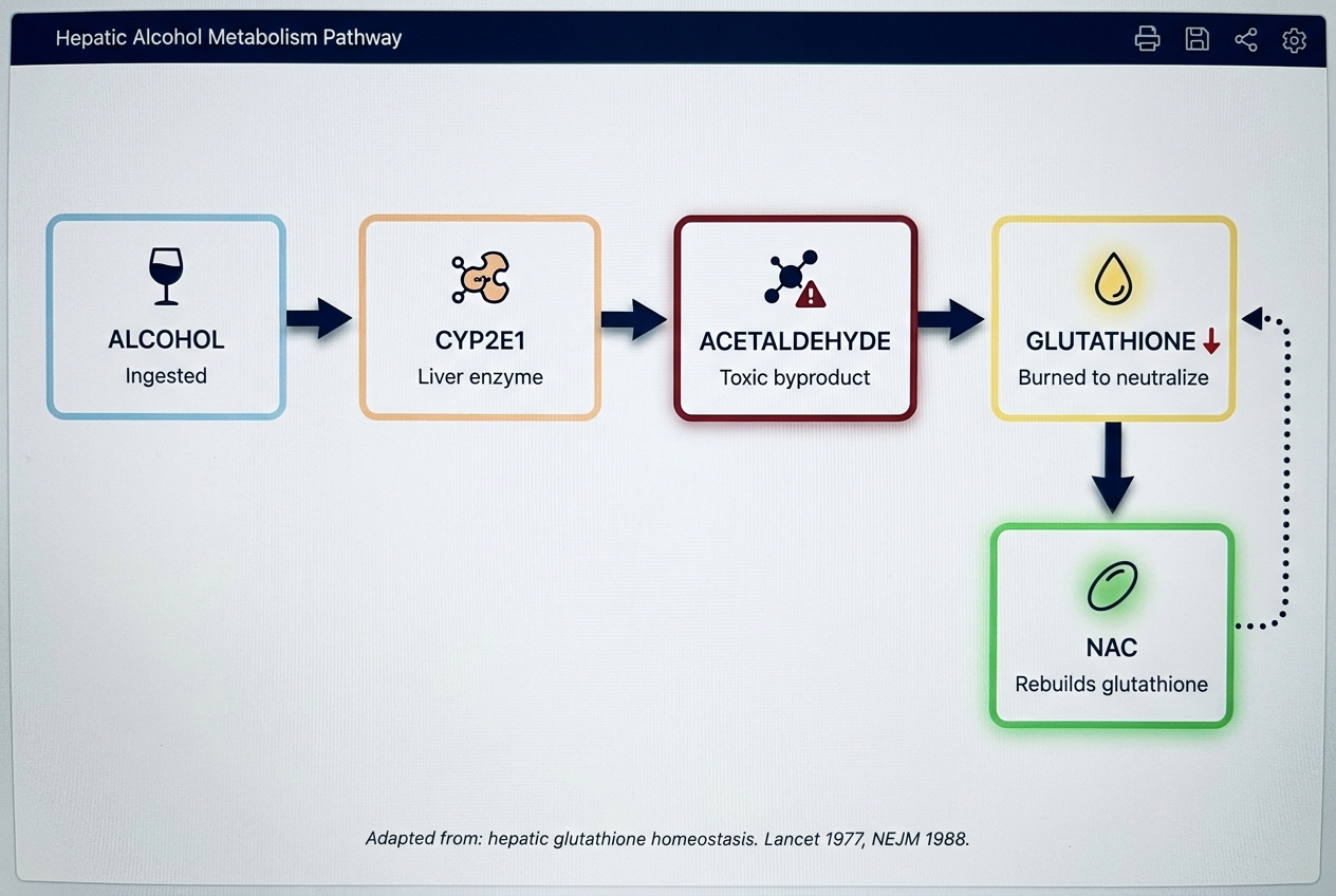 Clinical biochemistry pathway diagram showing how alcohol enters the liver, becomes acetaldehyde, burns glutathione, and how NAC rebuilds it