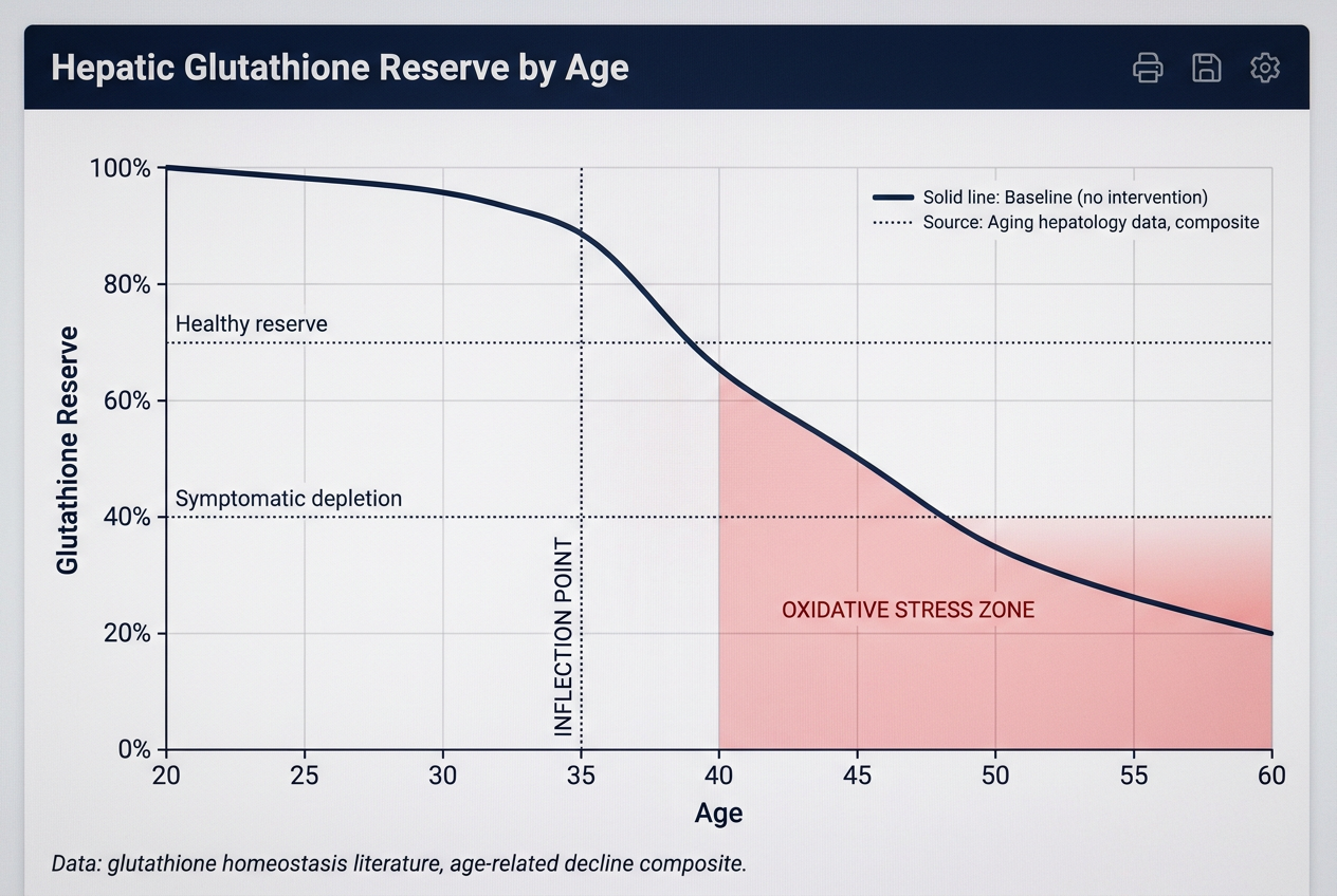 Line graph showing hepatic glutathione reserve declining sharply after age 35