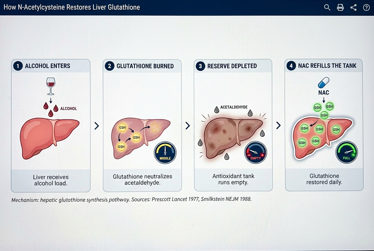 Four-step clinical mechanism diagram showing how NAC restores liver glutathione after alcohol depletes it