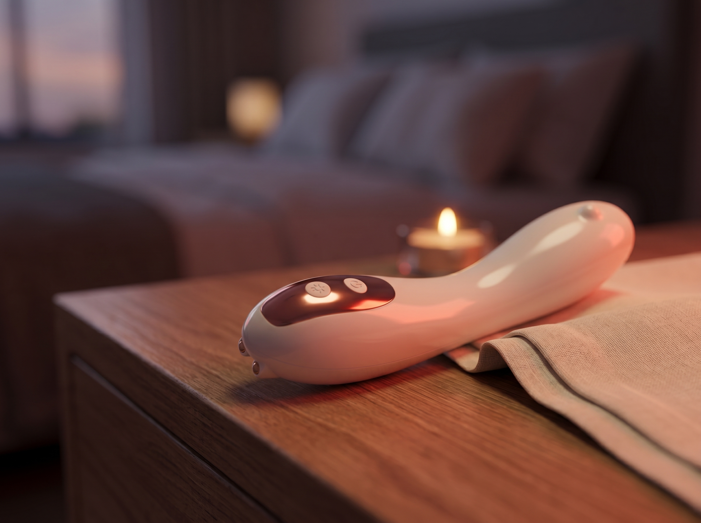 The Wellonica rose-gold and white renewal wand on a warmly lit nightstand