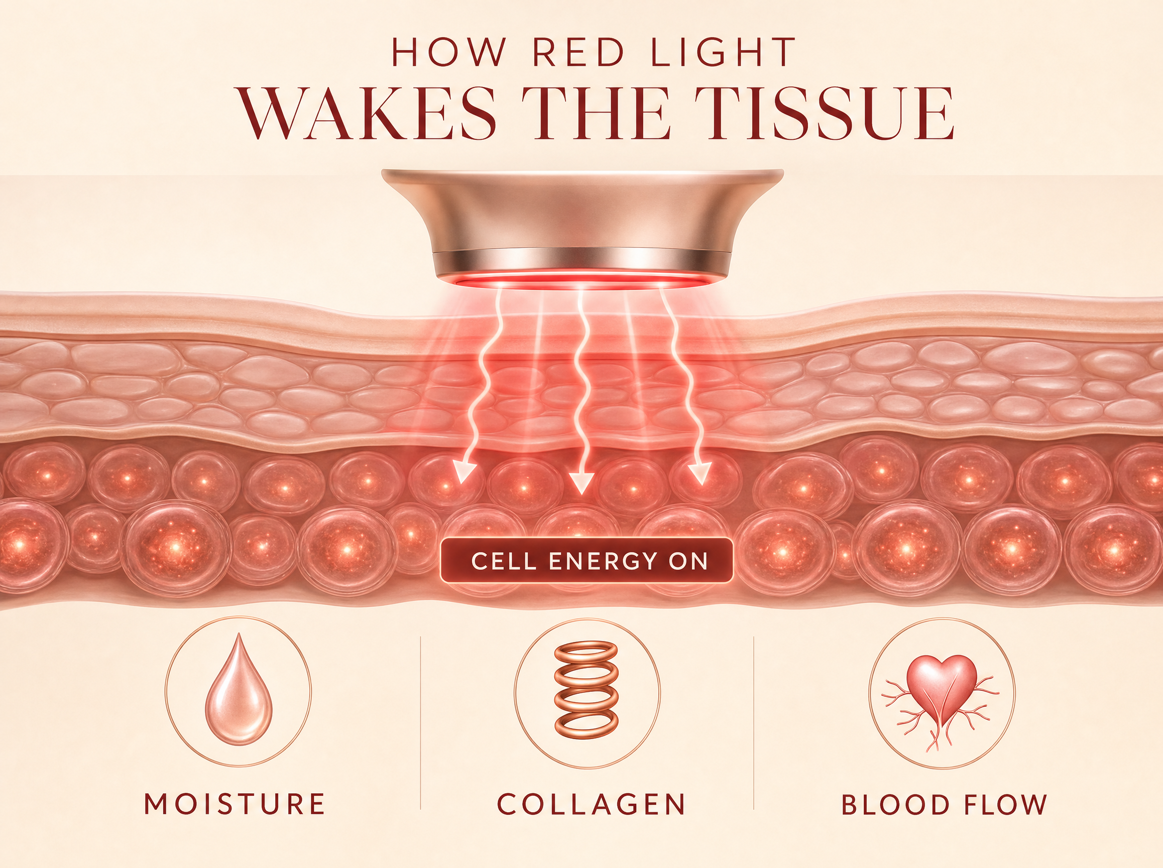 Diagram showing creams staying on the surface while red light reaches deeper where renewal happens