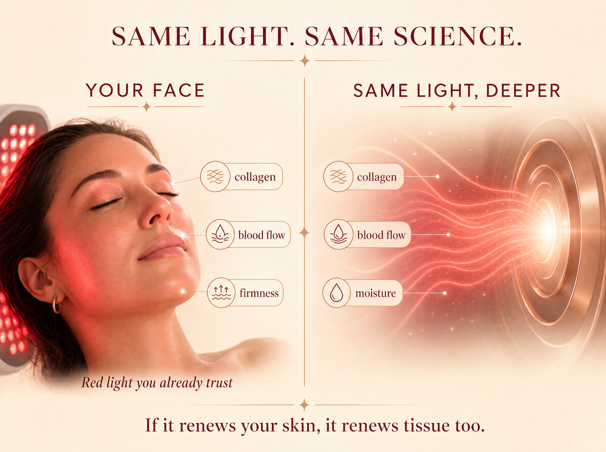 Diagram: red light renews collagen on your face, the same light renews the tissue down there