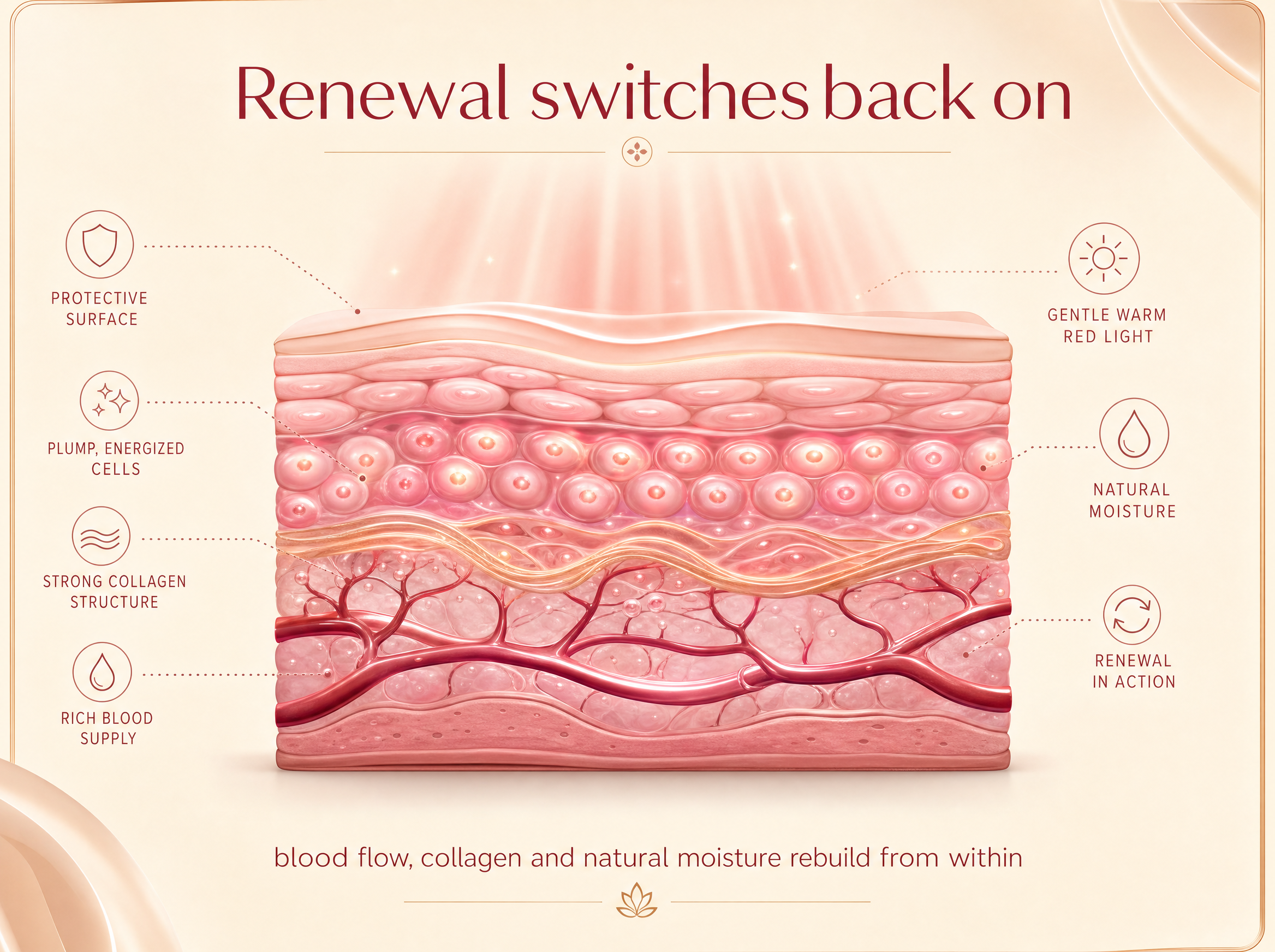 Diagram of renewed tissue with restored blood flow, collagen and natural moisture