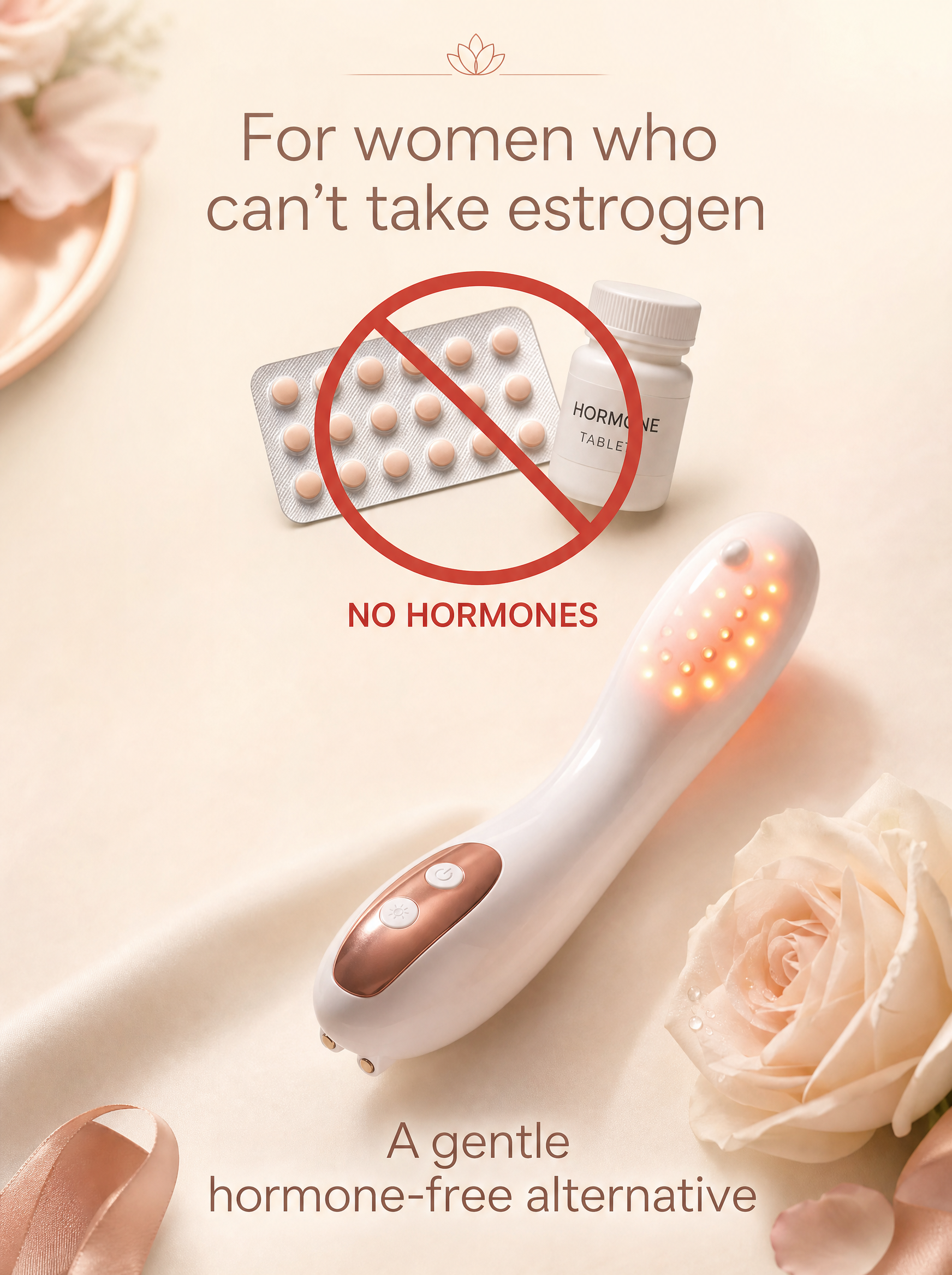 Concept image: hormone pills crossed out, with the hormone-free Wellonica device as the alternative