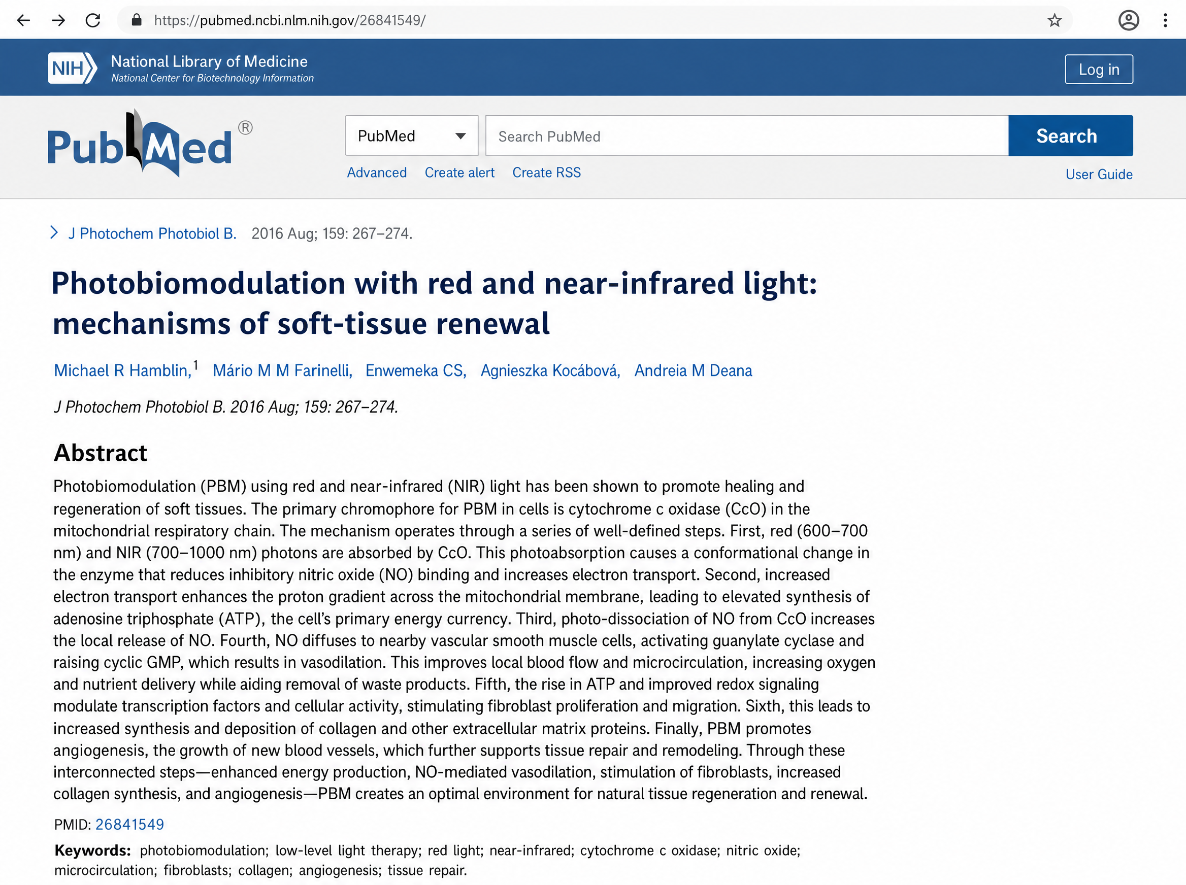 A PubMed article abstract detailing how red and near-infrared light drives mitochondrial energy, microcirculation and collagen synthesis for tissue renewal