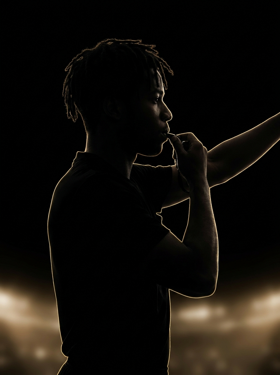 Dark silhouette of a young Black man referee blowing his whistle and signaling a call