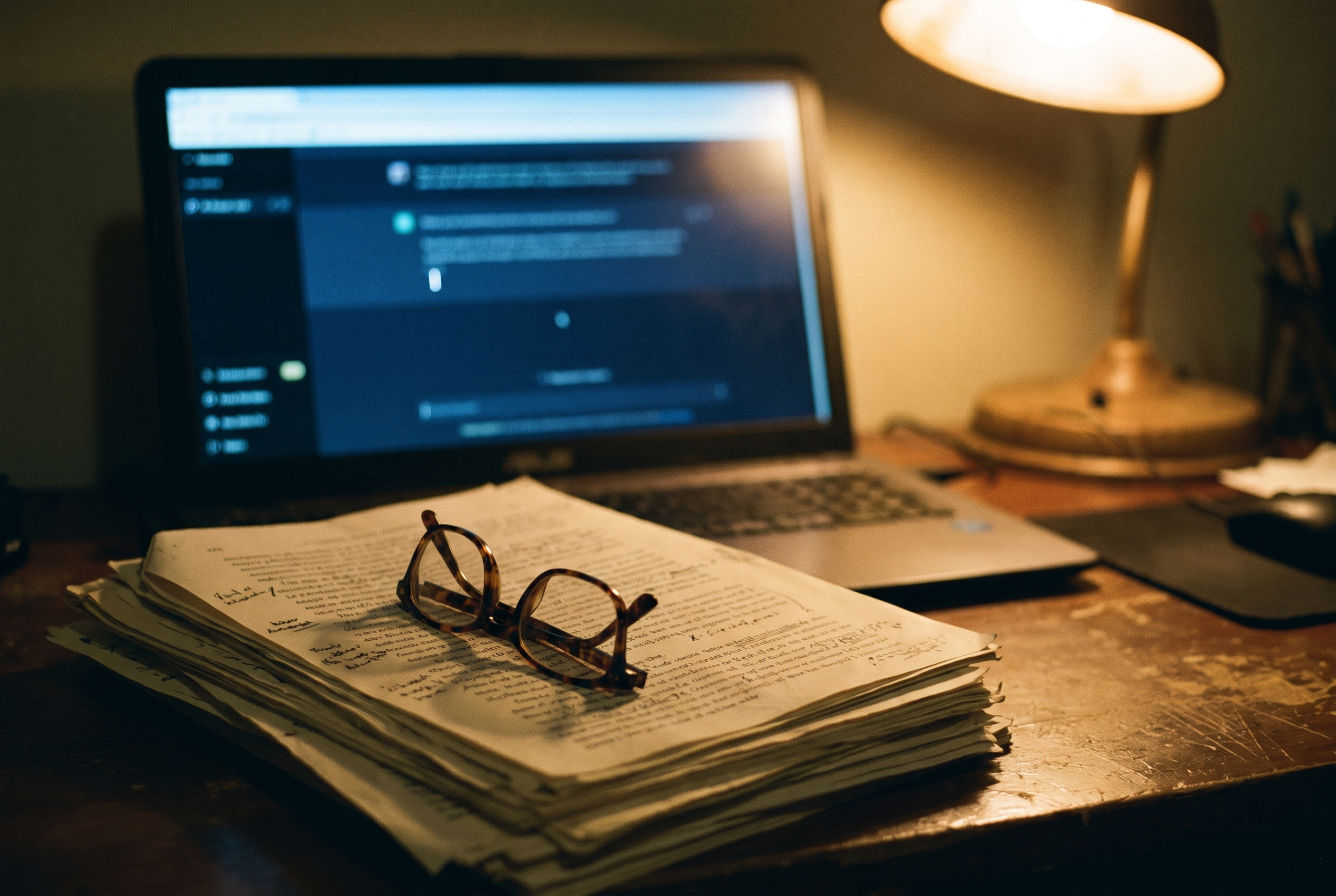A marked-up stack of printed sermon manuscripts with reading glasses on top