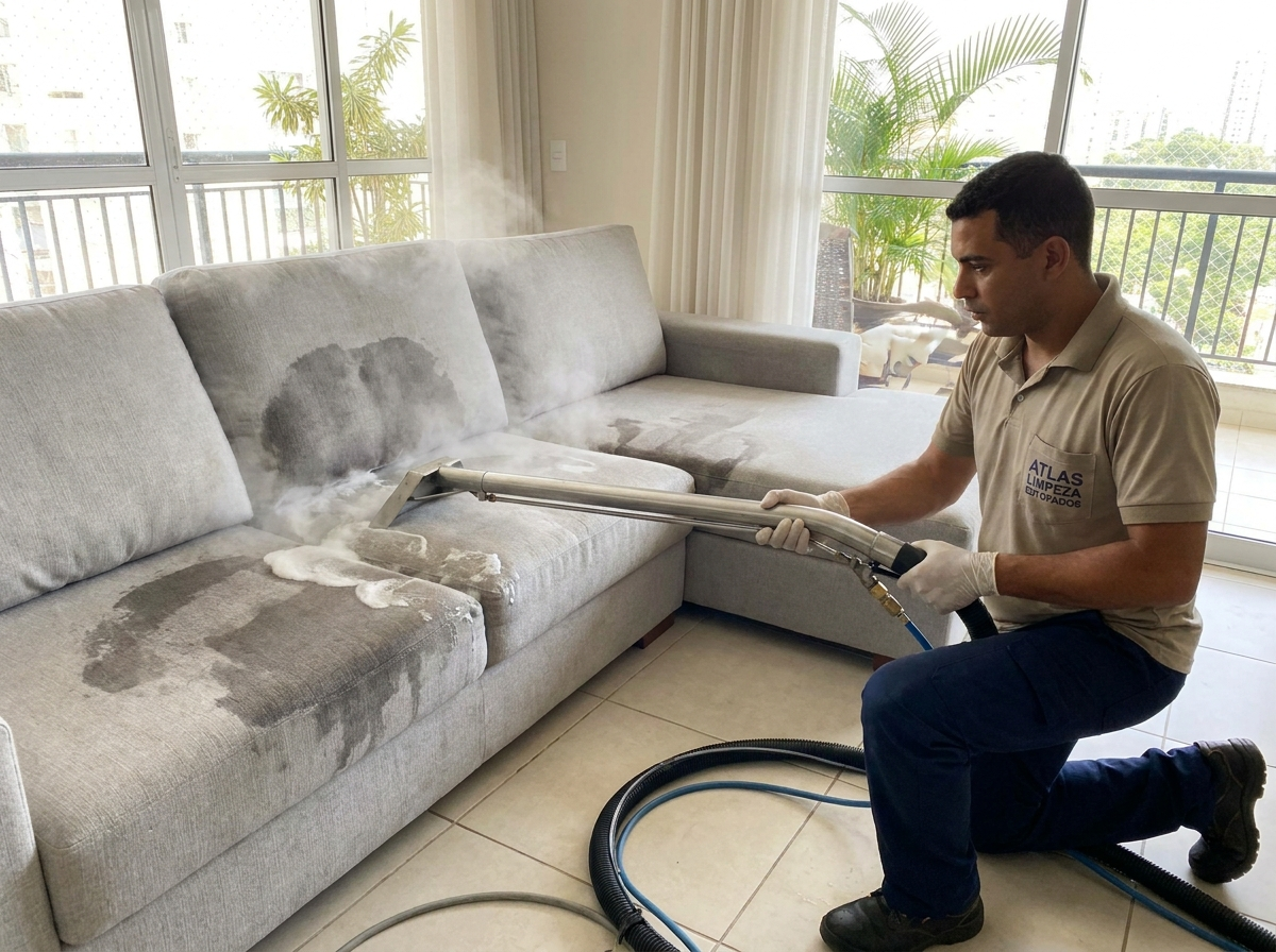 Equipe Lavesec higienizando estofado com equipamento profissional