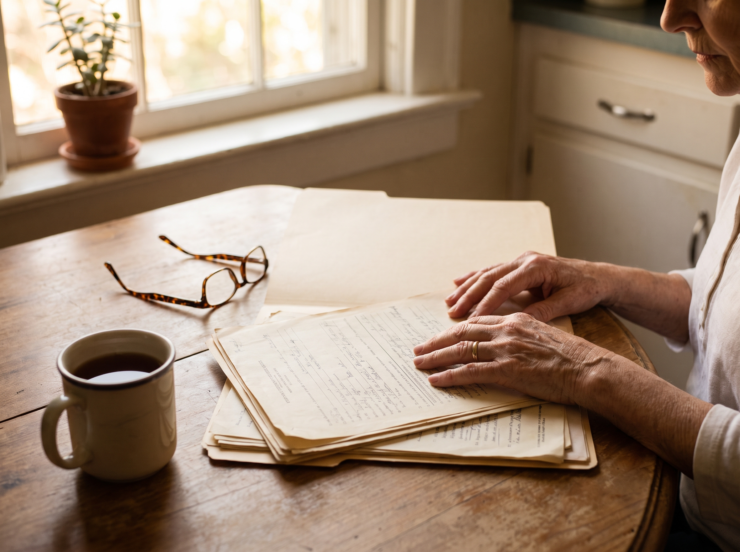 Older woman's hands on a folder of important documents