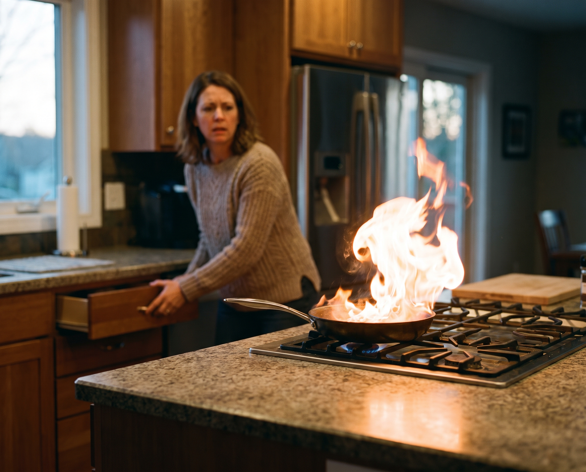 Grease fire flaring on a kitchen stovetop