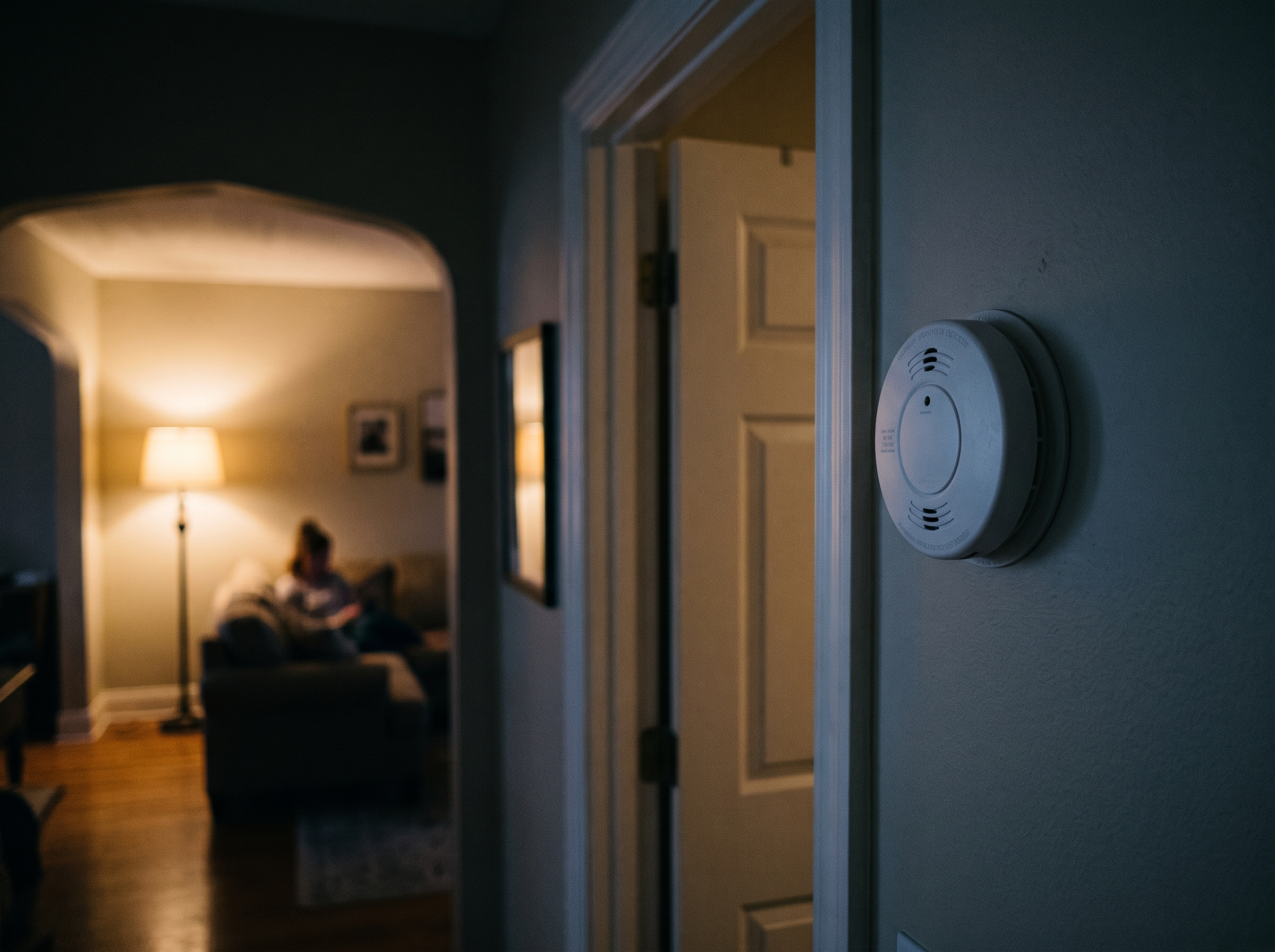 Carbon monoxide detector on a hallway wall