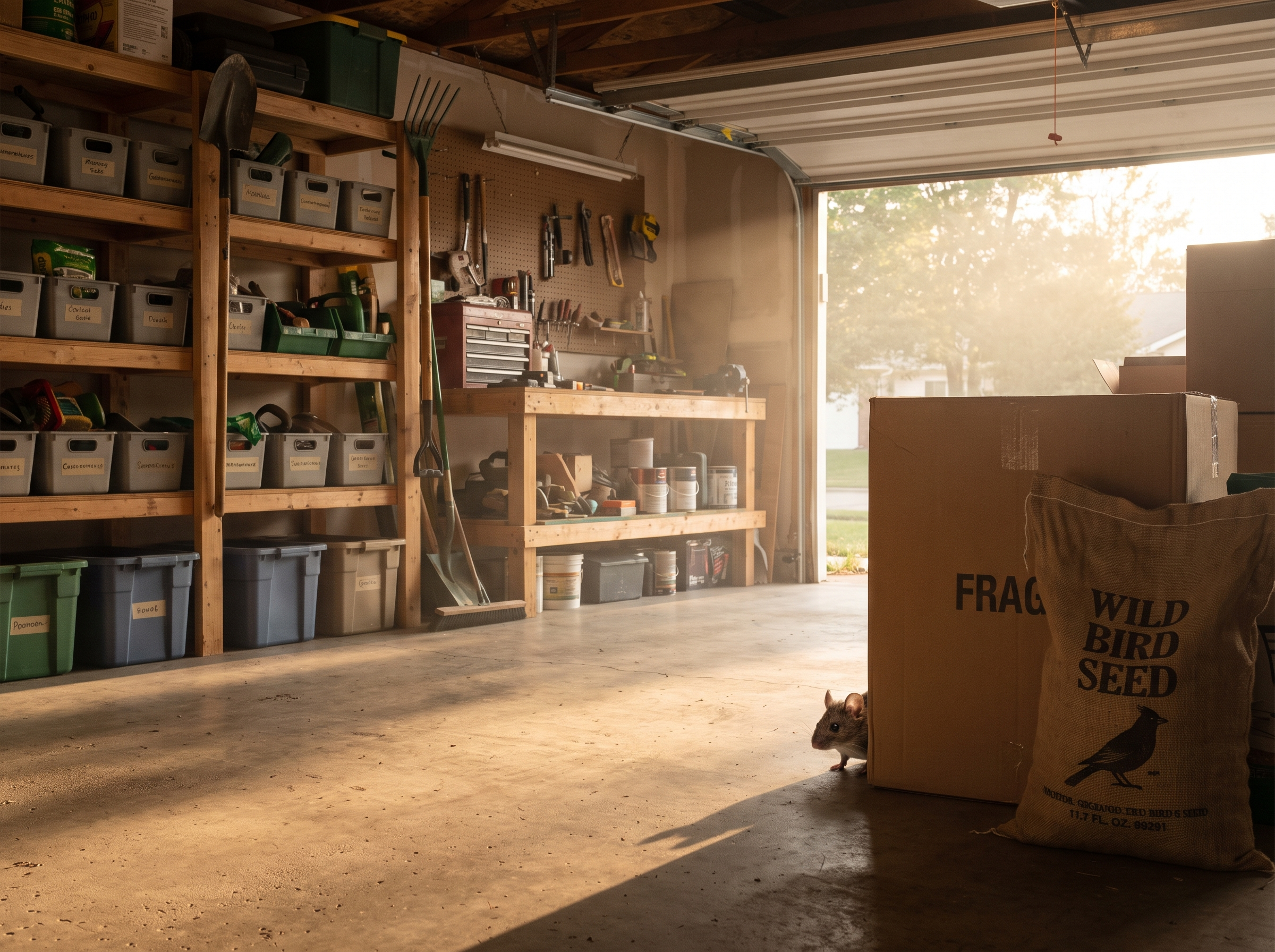 Mouse peeking from behind a box in a garage