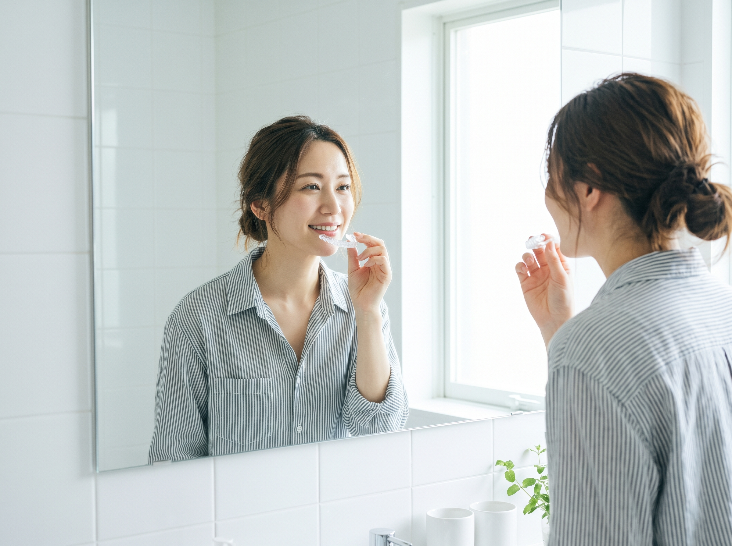 Woman smiling with an at-home whitening tray