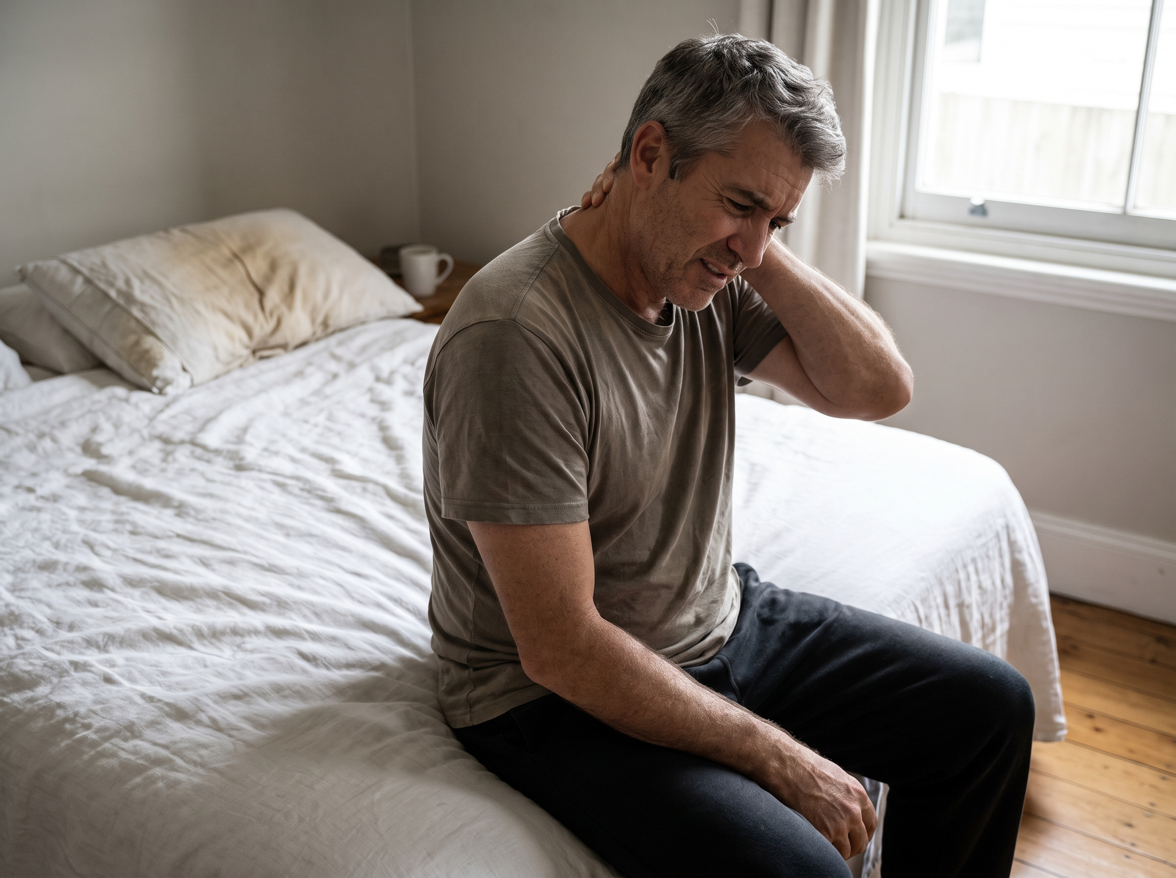 Man holding his stiff neck on the edge of the bed
