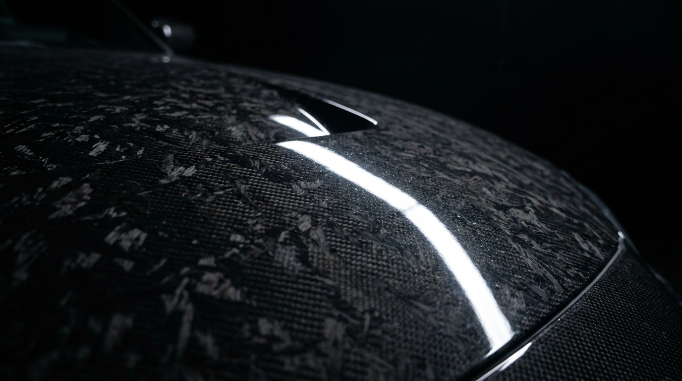 Nahaufnahme Sichtcarbon-Motorhaube mit Klarlack-Reflexion