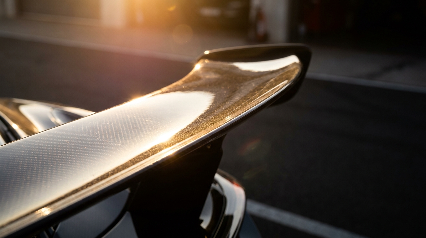 Carbon-Heckspoiler im Sonnenlicht mit feinem Klarlack-Glanz