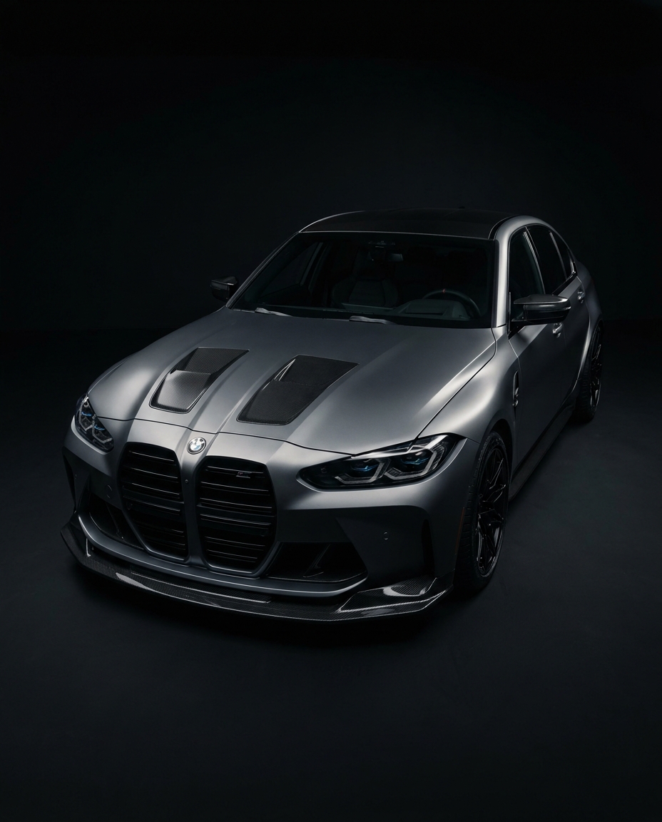 BMW M3 G80 mit Dry-Carbon-Frontlippe und Carbon-Hauben-Einsätzen im dunklen Studio