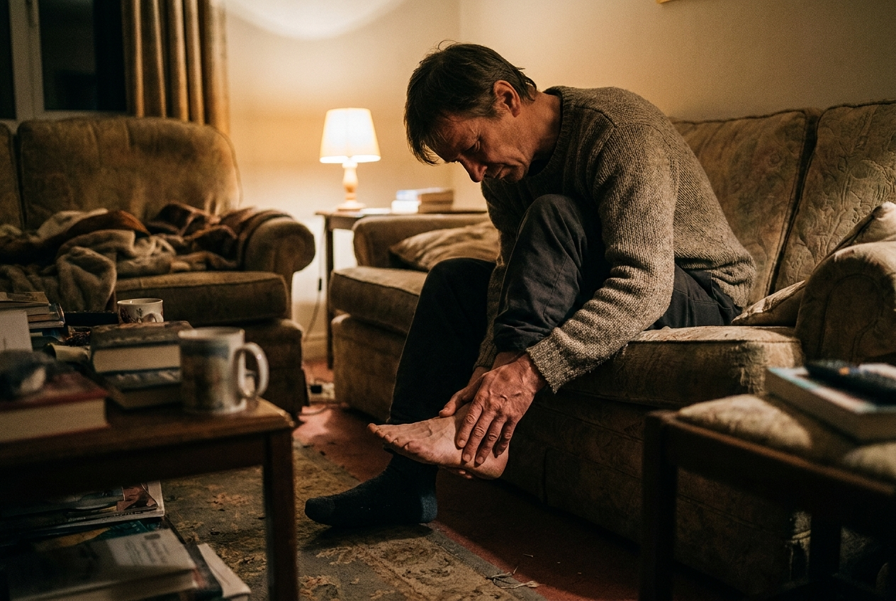 Person sitting on the edge of a couch in the evening, rubbing a bare foot and ankle after a long day on their feet