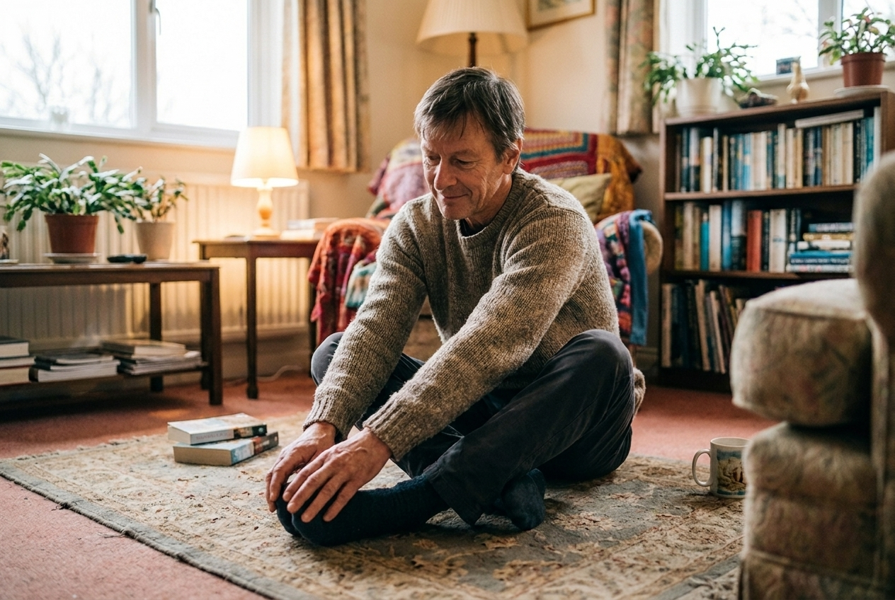 The same person from the earlier photo sitting cross-legged on a rug at home, stretching gently in the evening