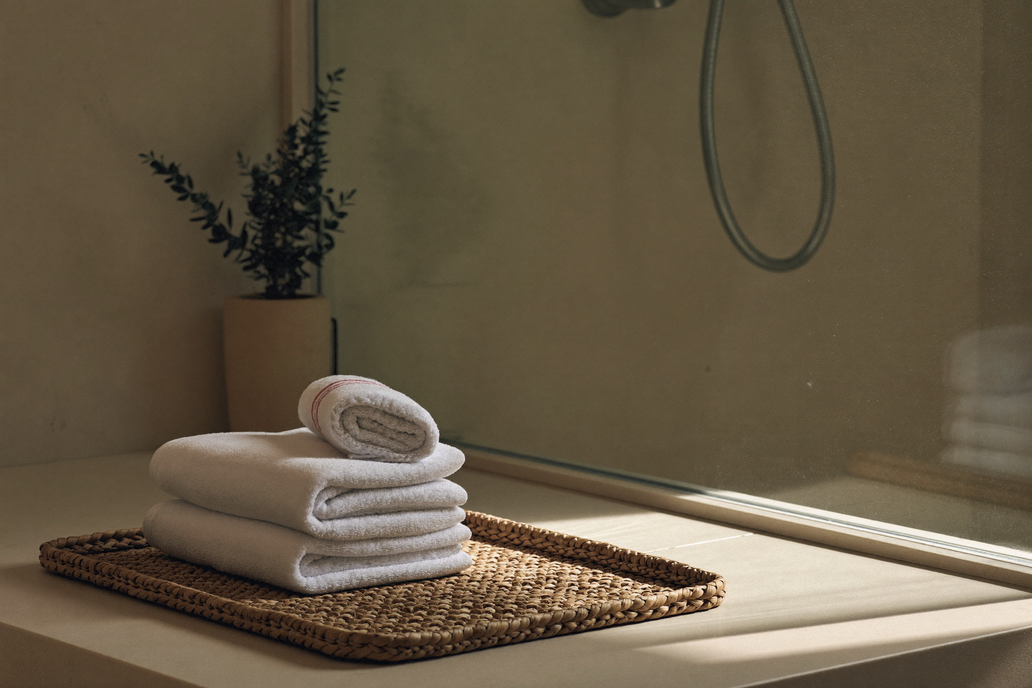 Minimal spa-style bathroom with folded towels and a natural bath mat