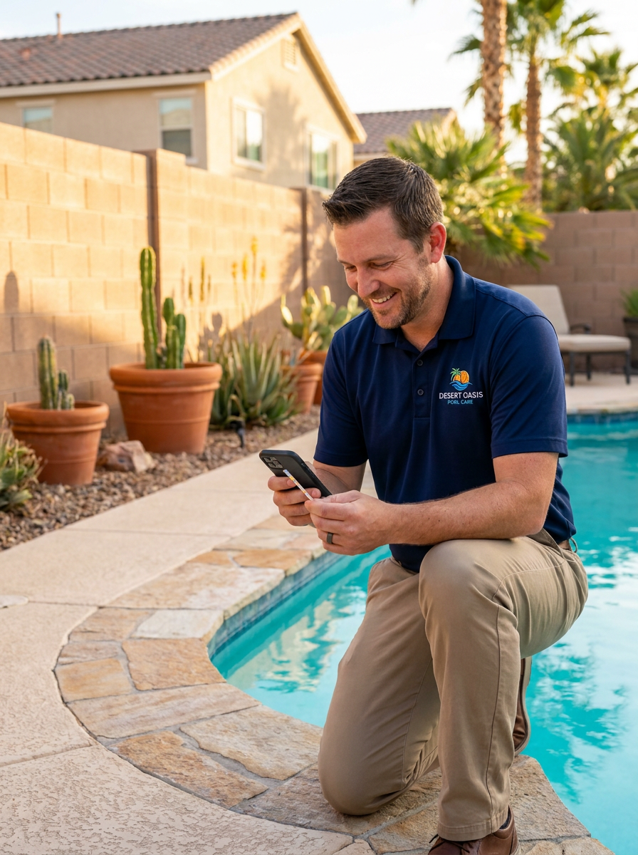 HYR pool professional reviewing a water test beside a pool