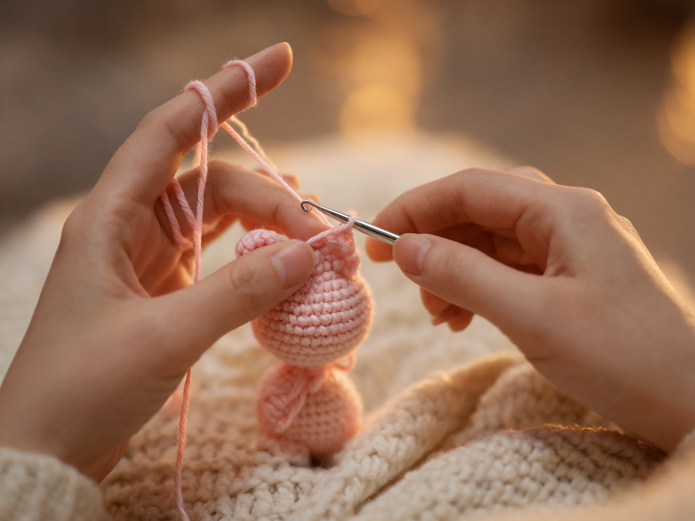Hands crocheting amigurumi in soft warm evening light — bedtime crochet routine by MrsCrochetWorld
