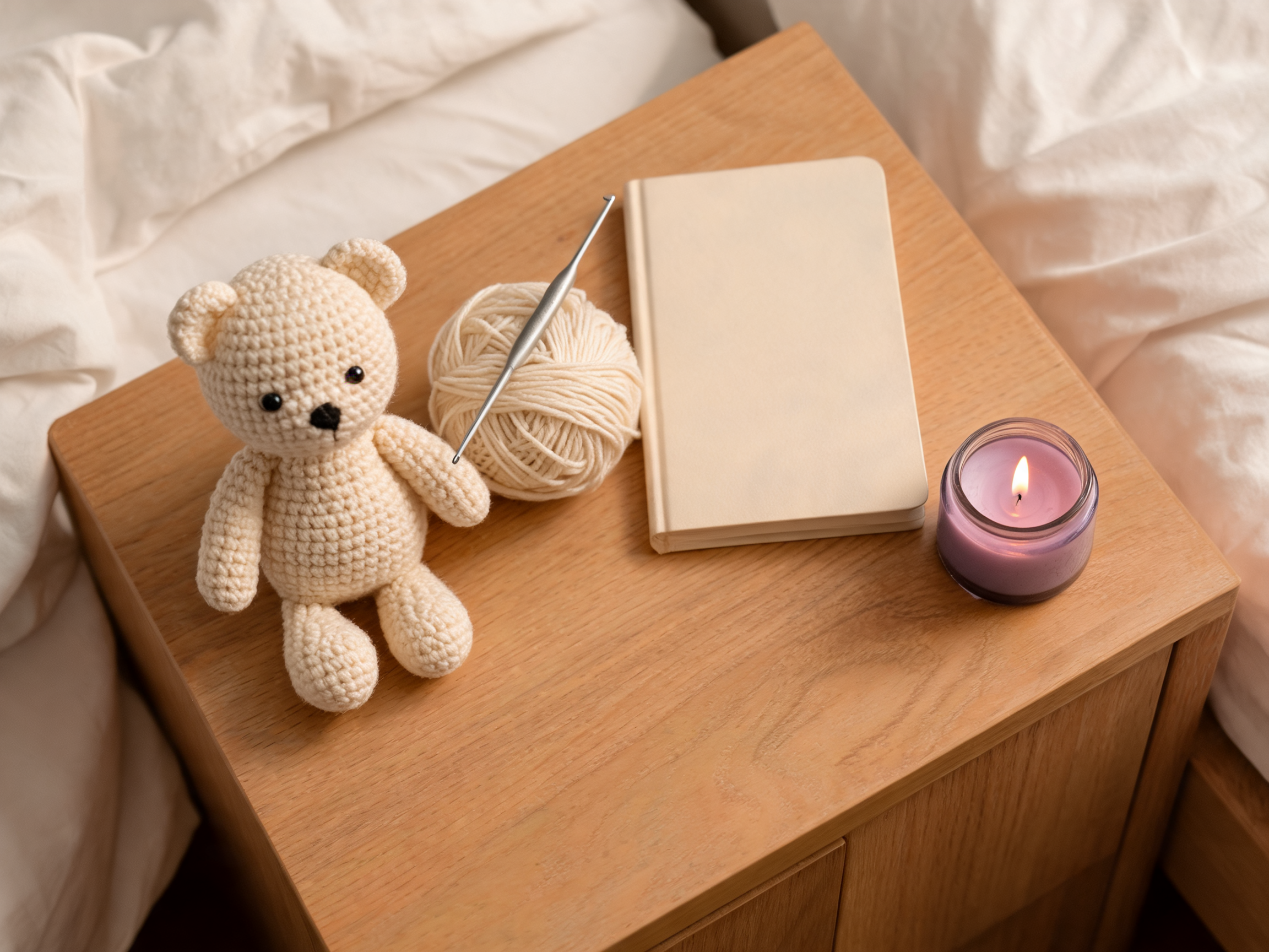 Bedside table with crochet amigurumi bear, yarn and candle as part of sleep wind-down routine by MrsCrochetWorld